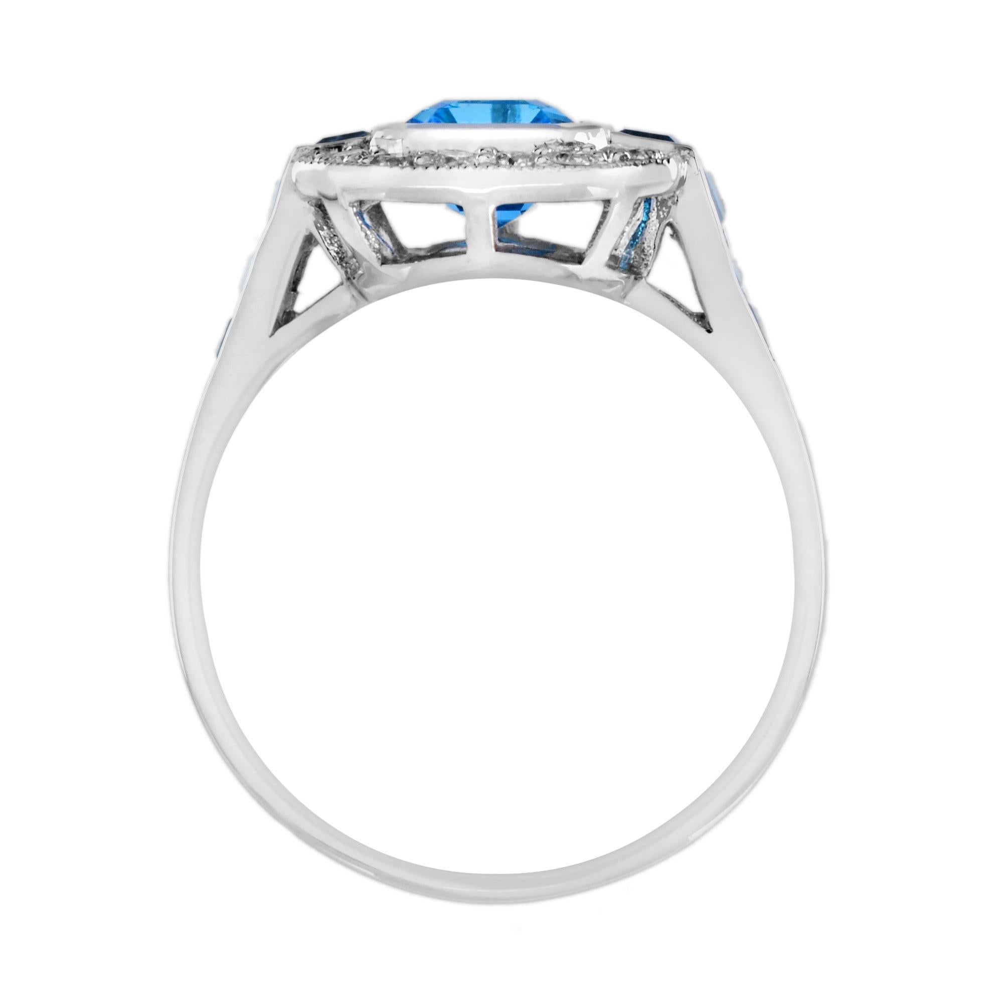 Bague octogonale en or blanc sertie de topazes bleues suisses et de diamants de style Art déco 14K Unisexe en vente