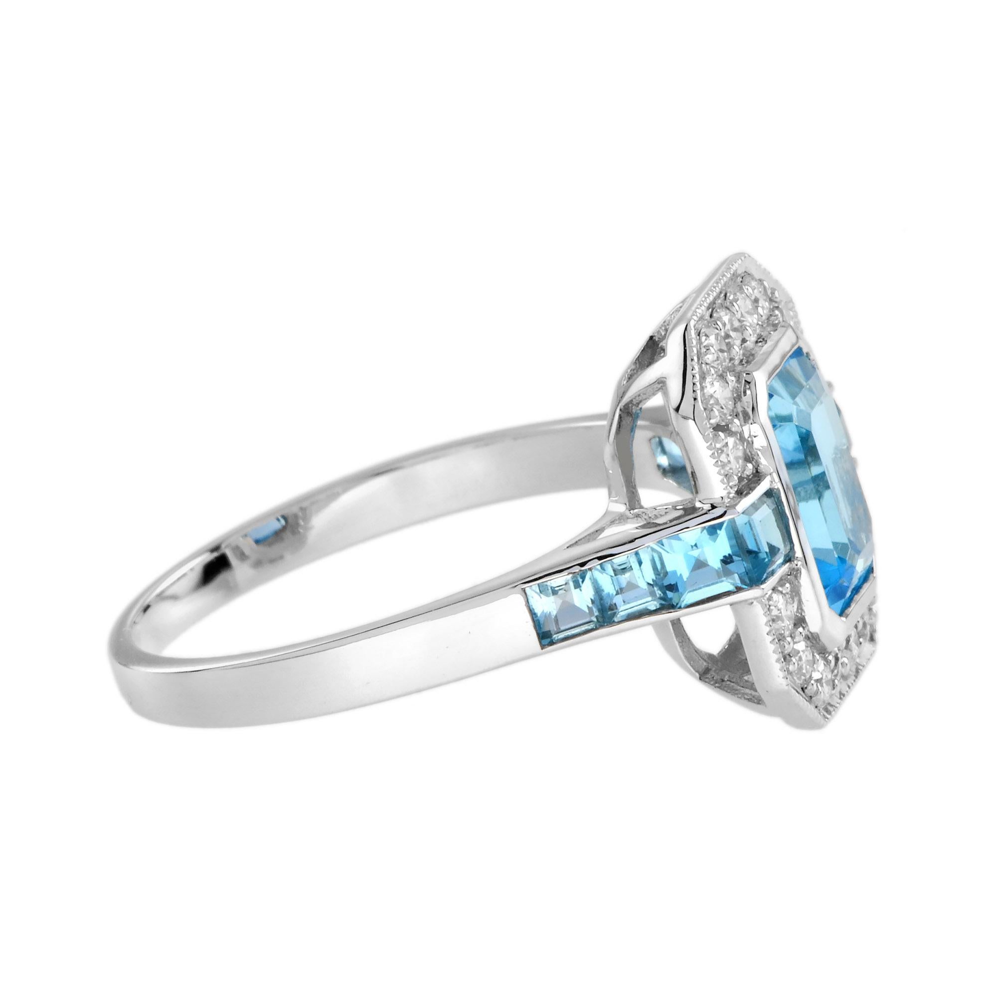 Taille émeraude Bague octogonale en or blanc sertie de topazes bleues suisses et de diamants de style Art déco 14K en vente