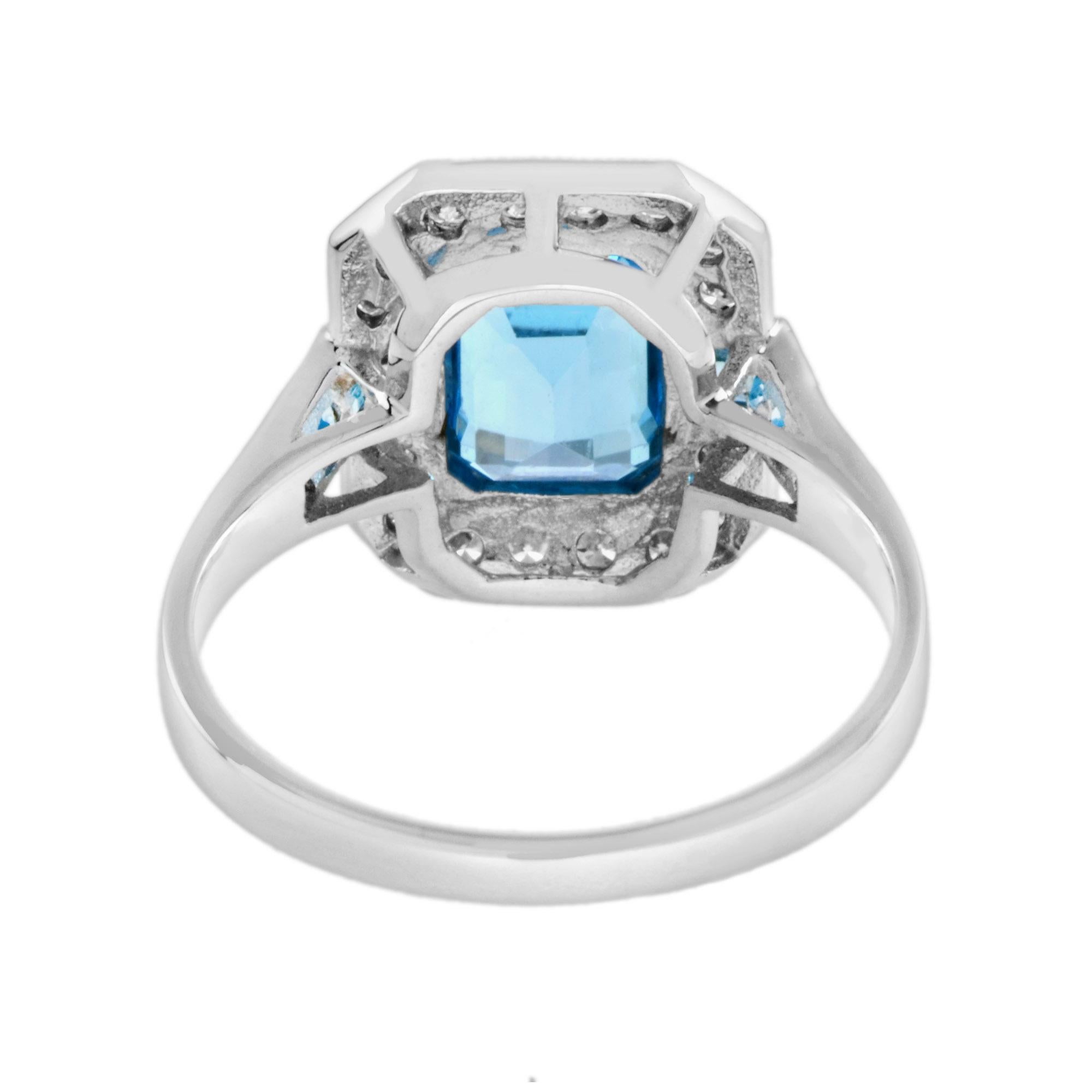 Bague octogonale en or blanc sertie de topazes bleues suisses et de diamants de style Art déco 14K Neuf - En vente à Oakton, VA