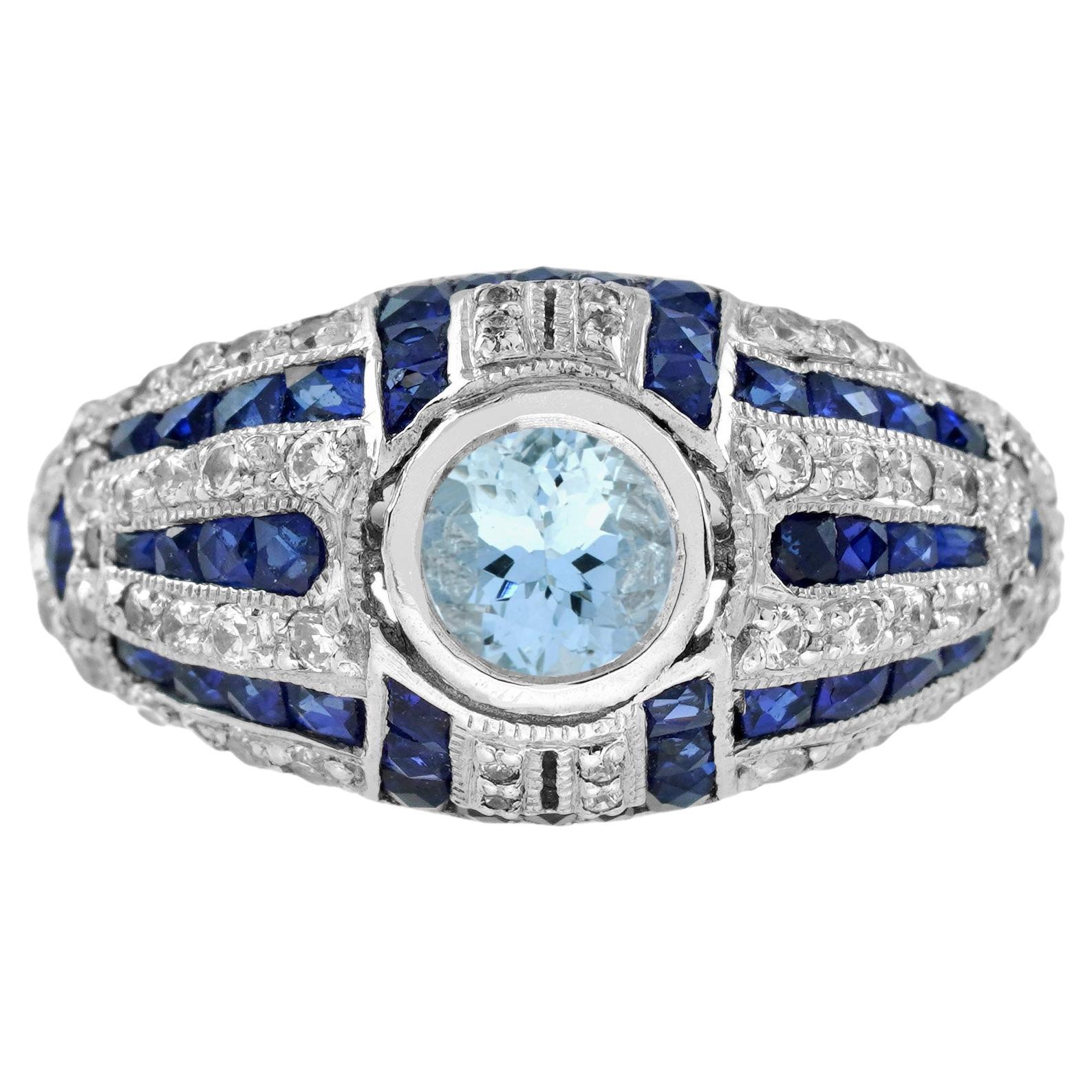 Bague en or blanc 18 carats aigue-marine bleue saphir diamant style art déco dôme en vente