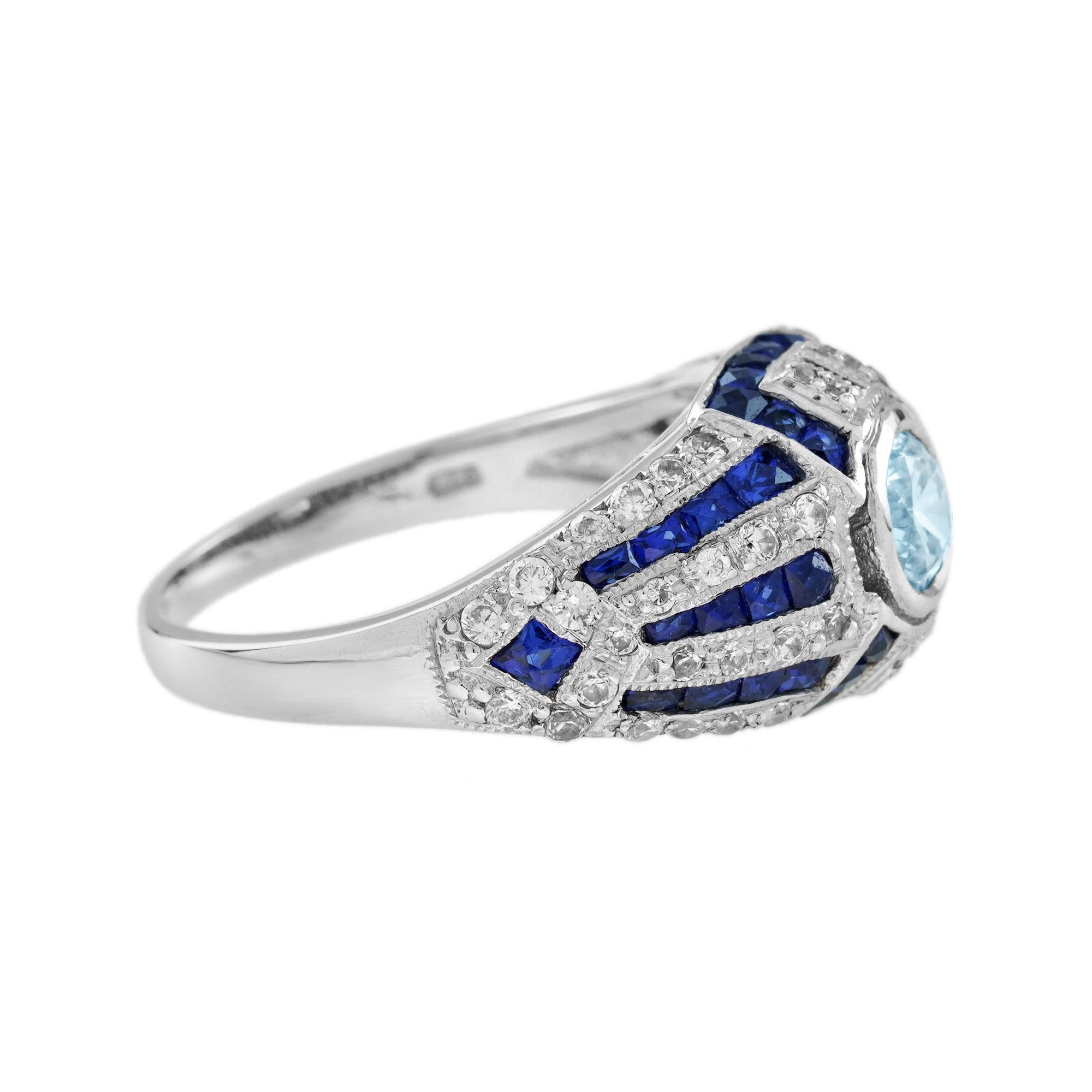Art déco Bague en or blanc 18 carats aigue-marine bleue saphir diamant style art déco dôme en vente
