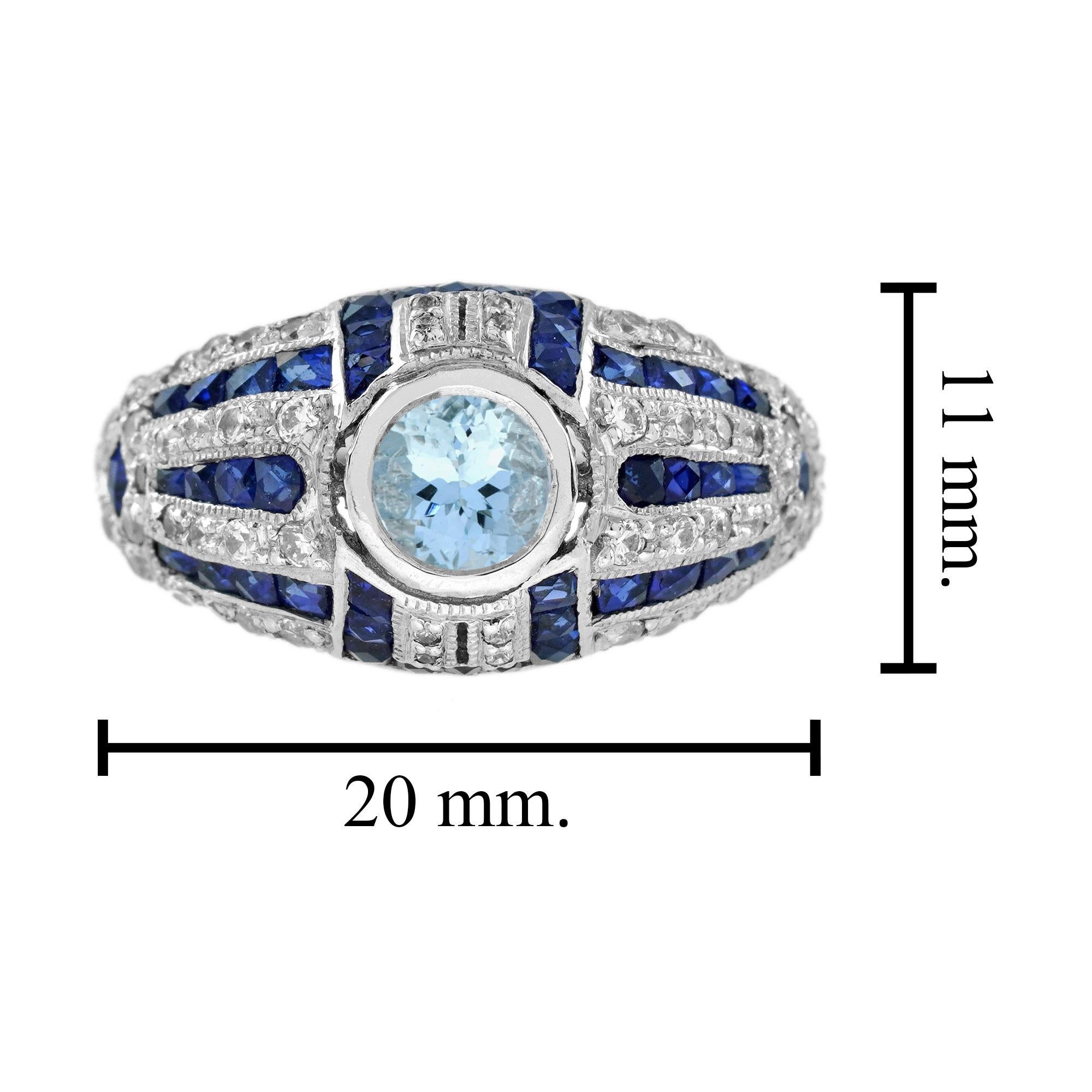 Bague en or blanc 18 carats aigue-marine bleue saphir diamant style art déco dôme Neuf - En vente à Oakton, VA