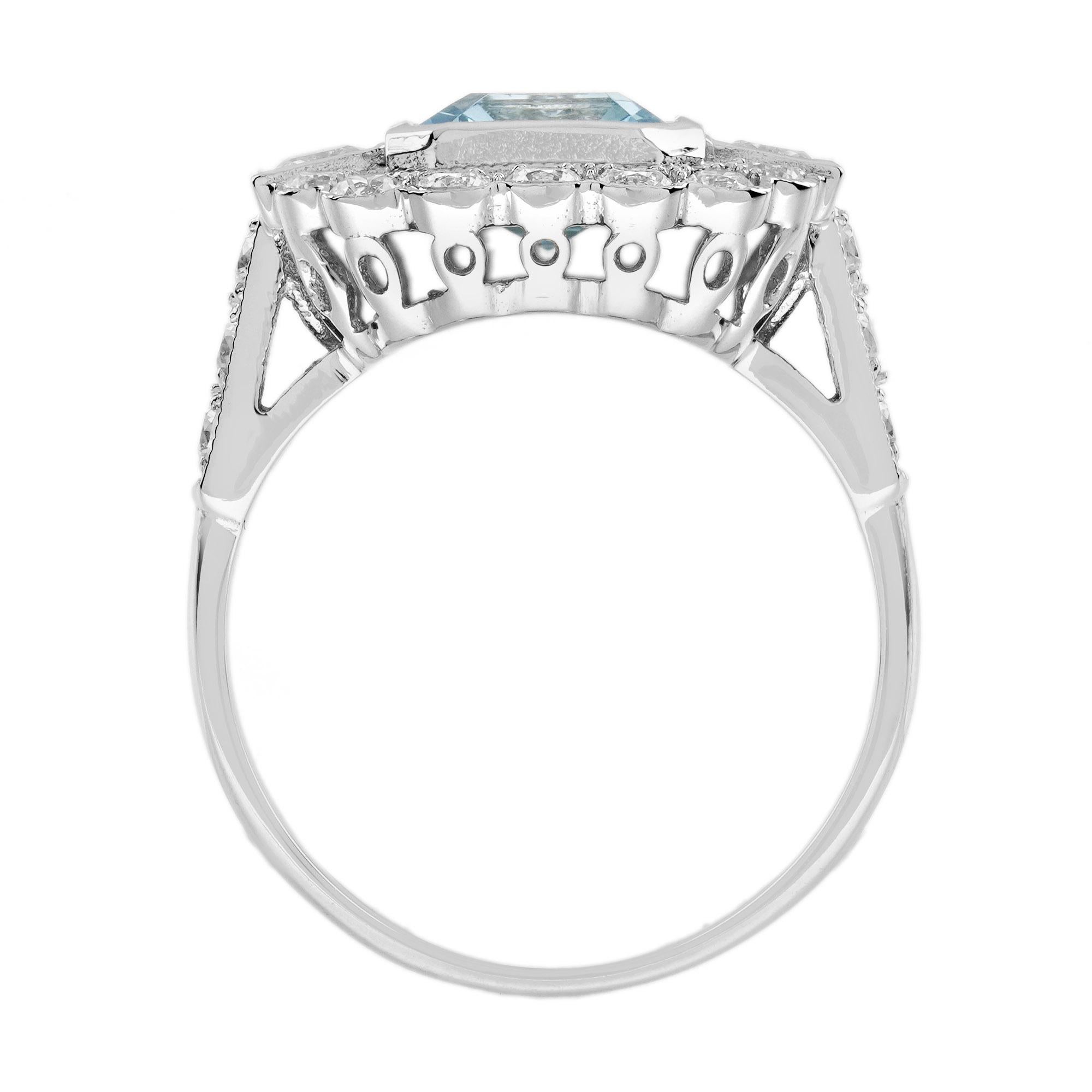Anello con acquamarina blu Asscher e diamanti a raggiera in stile Art Deco in oro bianco 14 carati In condizioni Nuovo in vendita a Oakton, VA