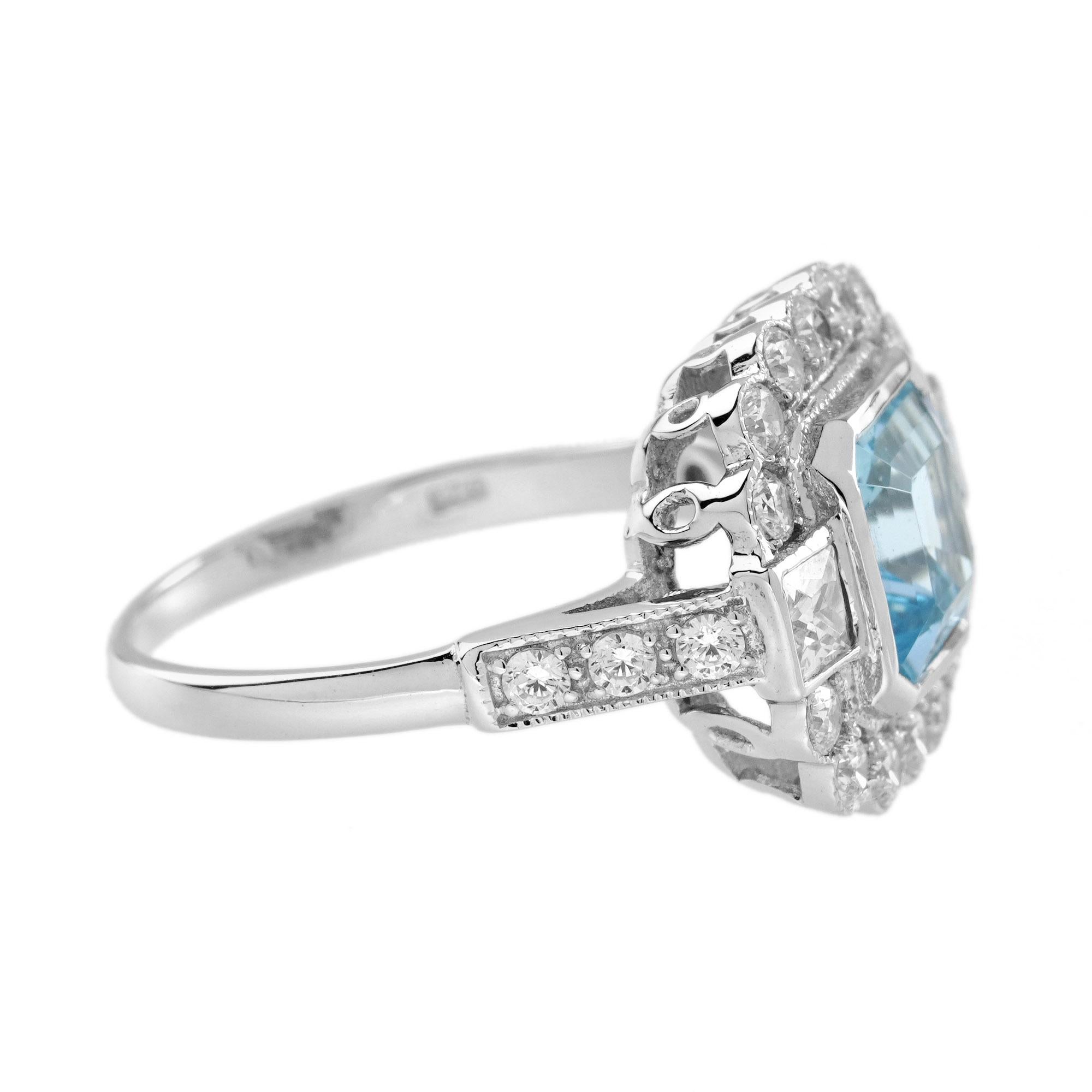 Art Déco Anello con acquamarina blu Asscher e diamanti a raggiera in stile Art Deco in oro bianco 14 carati in vendita