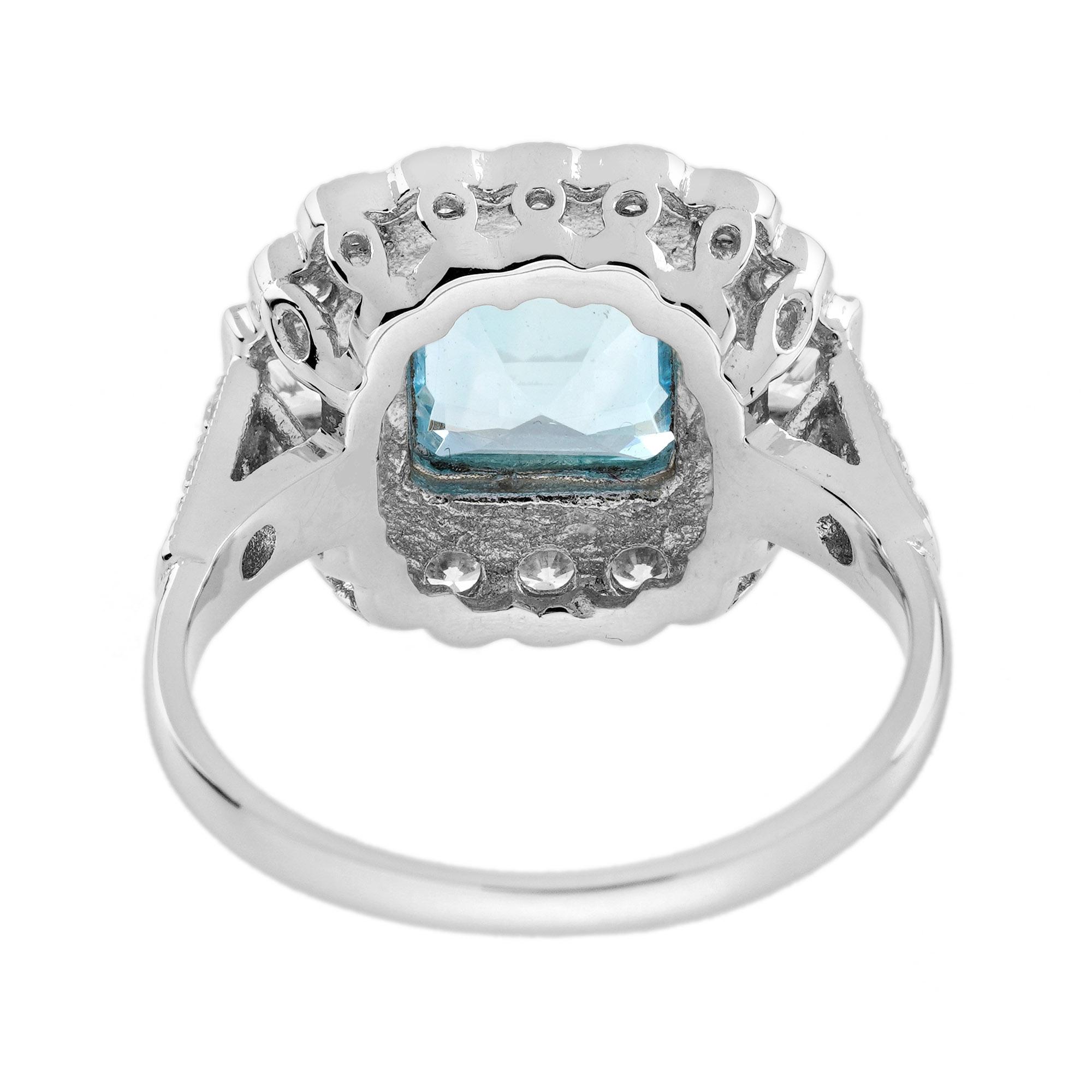 Taglio Asscher Anello con acquamarina blu Asscher e diamanti a raggiera in stile Art Deco in oro bianco 14 carati in vendita