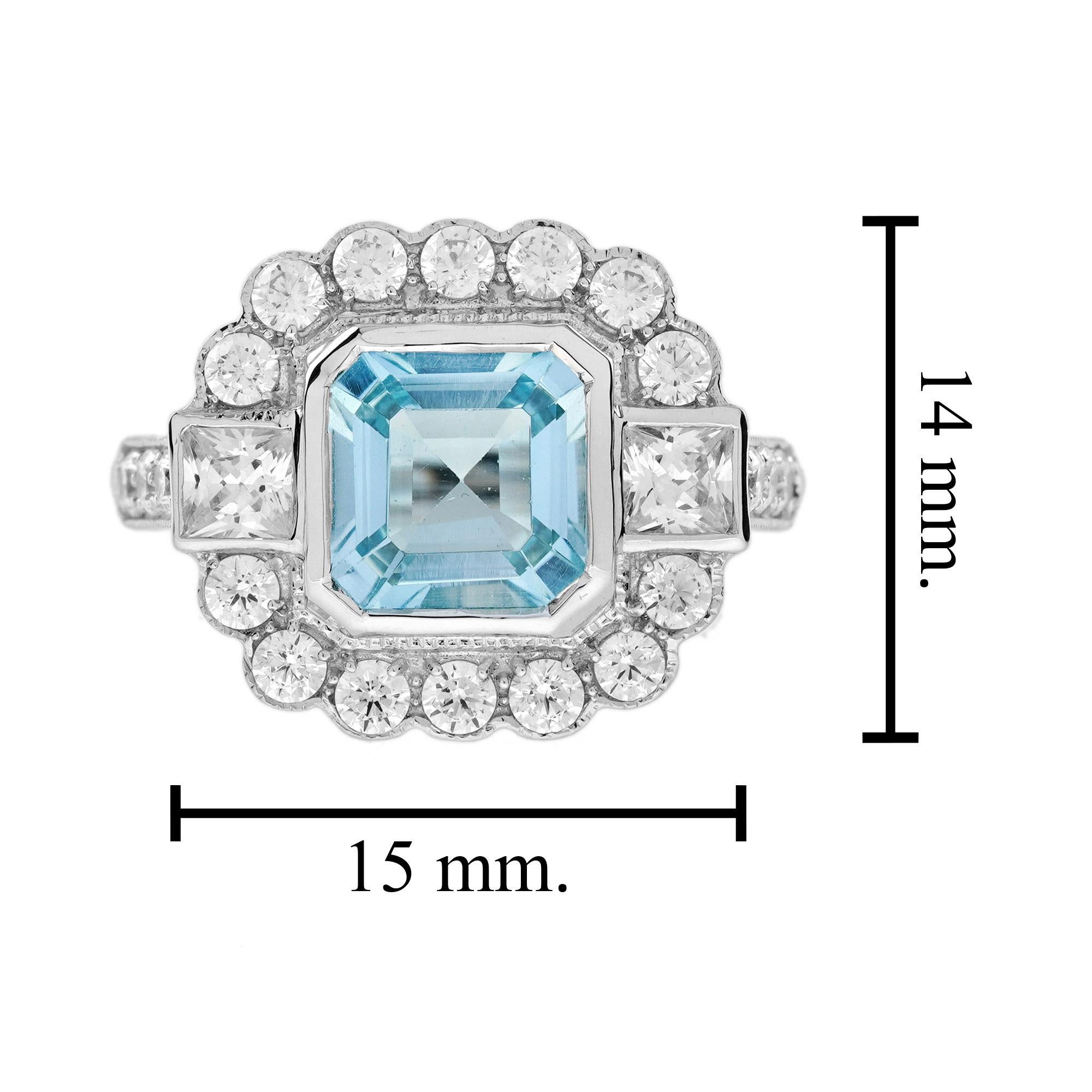 Donna Anello con acquamarina blu Asscher e diamanti a raggiera in stile Art Deco in oro bianco 14 carati in vendita