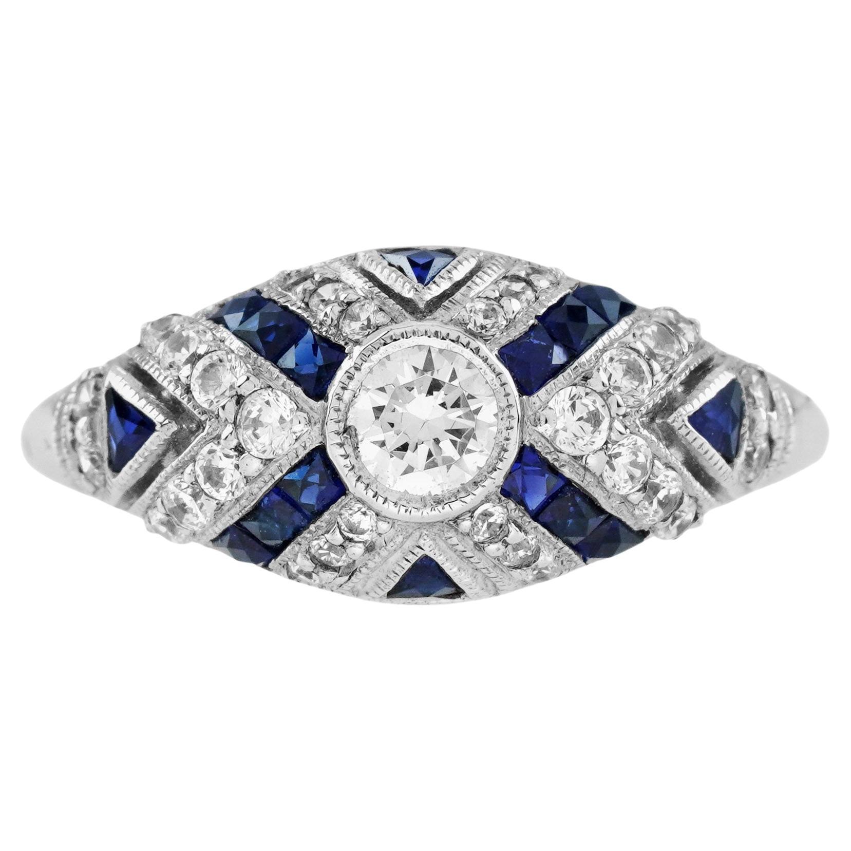 Anello con diamante rotondo e zaffiro blu in stile Art Deco in oro bianco 18 carati in vendita