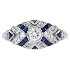 Round Diamond & Blue Sapphire Art Deco Style 18K White Gold Ring