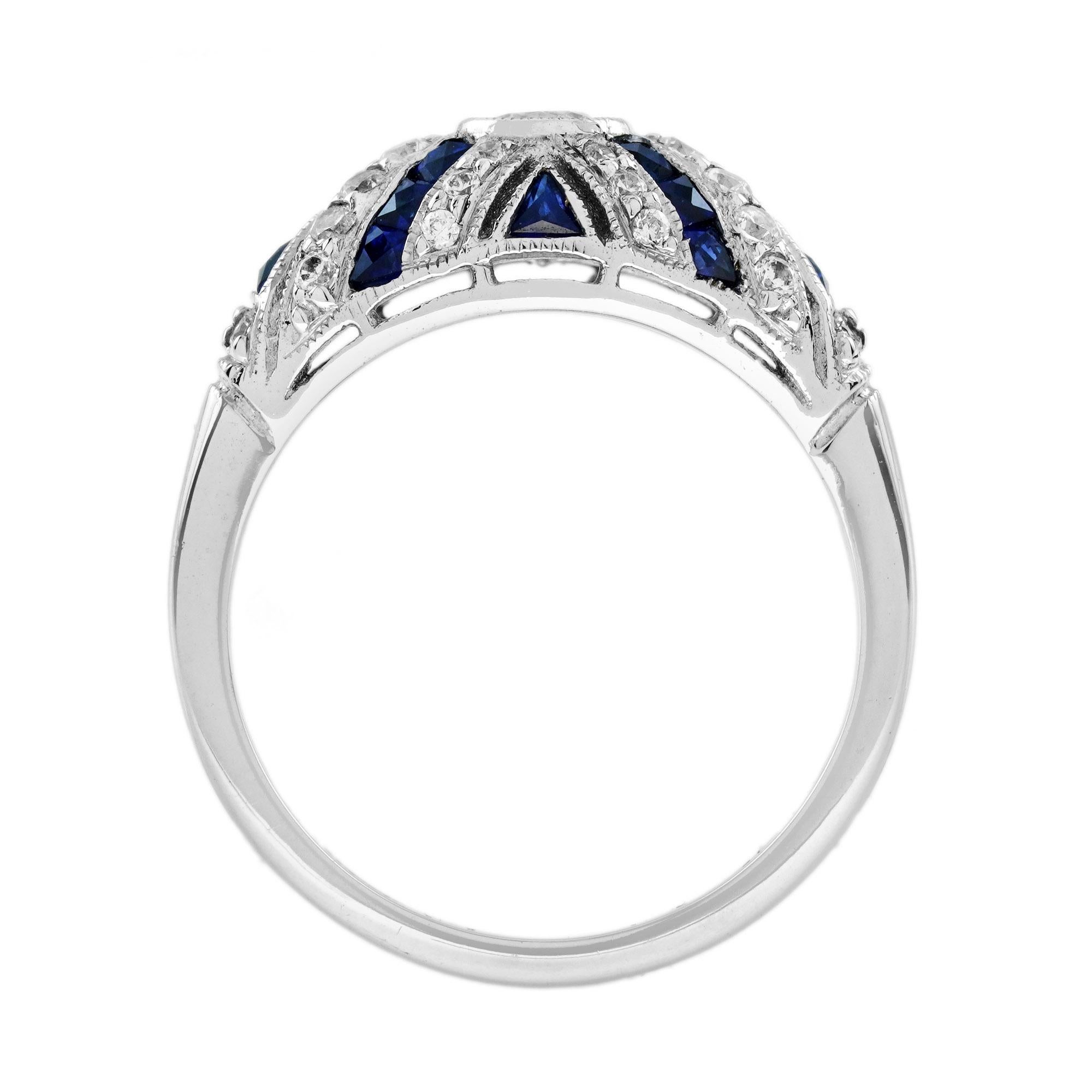 Taglio rotondo Anello con diamante rotondo e zaffiro blu in stile Art Deco in oro bianco 18 carati in vendita