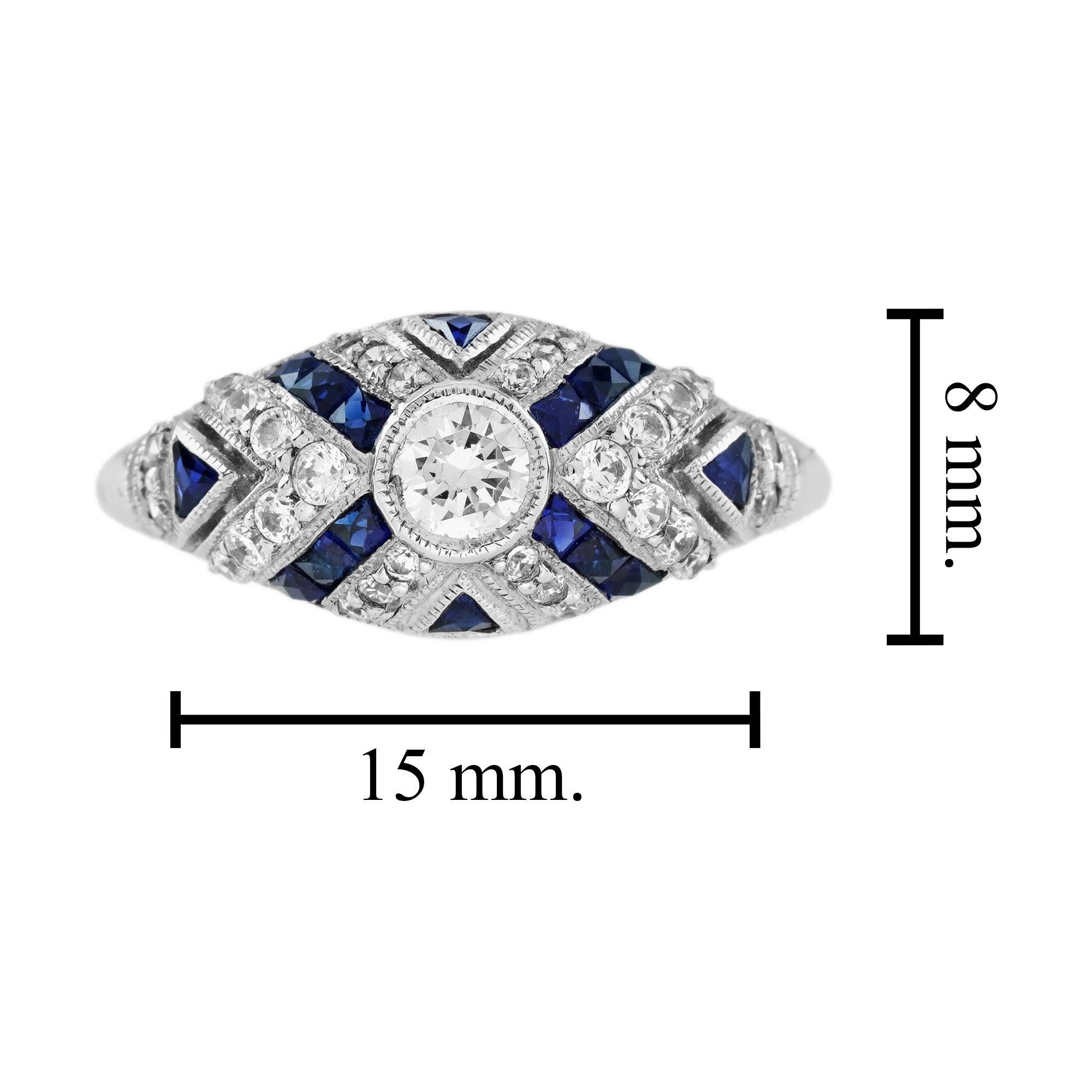 Anello con diamante rotondo e zaffiro blu in stile Art Deco in oro bianco 18 carati In condizioni Nuovo in vendita a Oakton, VA