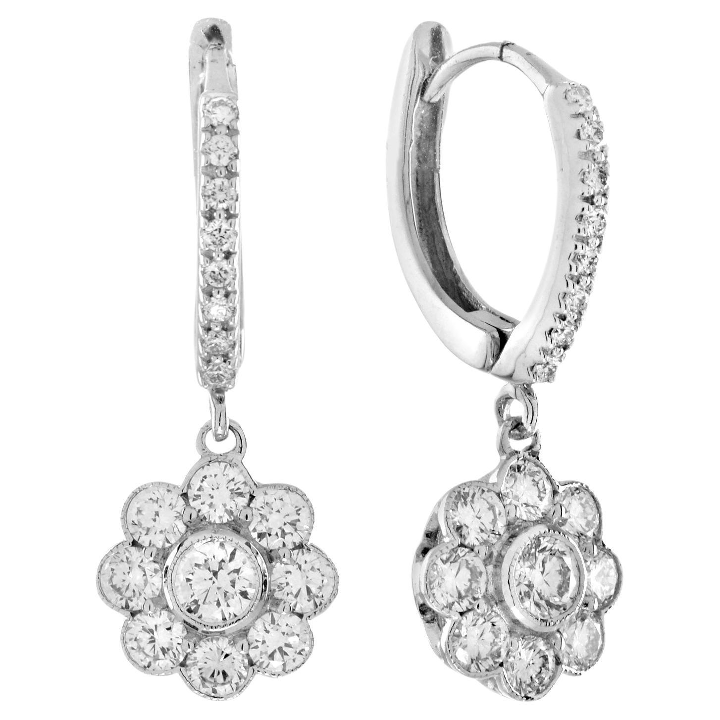 Boucles d'oreilles pendantes en or blanc 14K avec fleurs en diamant et style vintage