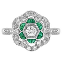Diamond & Green Emerald Art Deco Style Floral Engagement 14K White Gold Ring