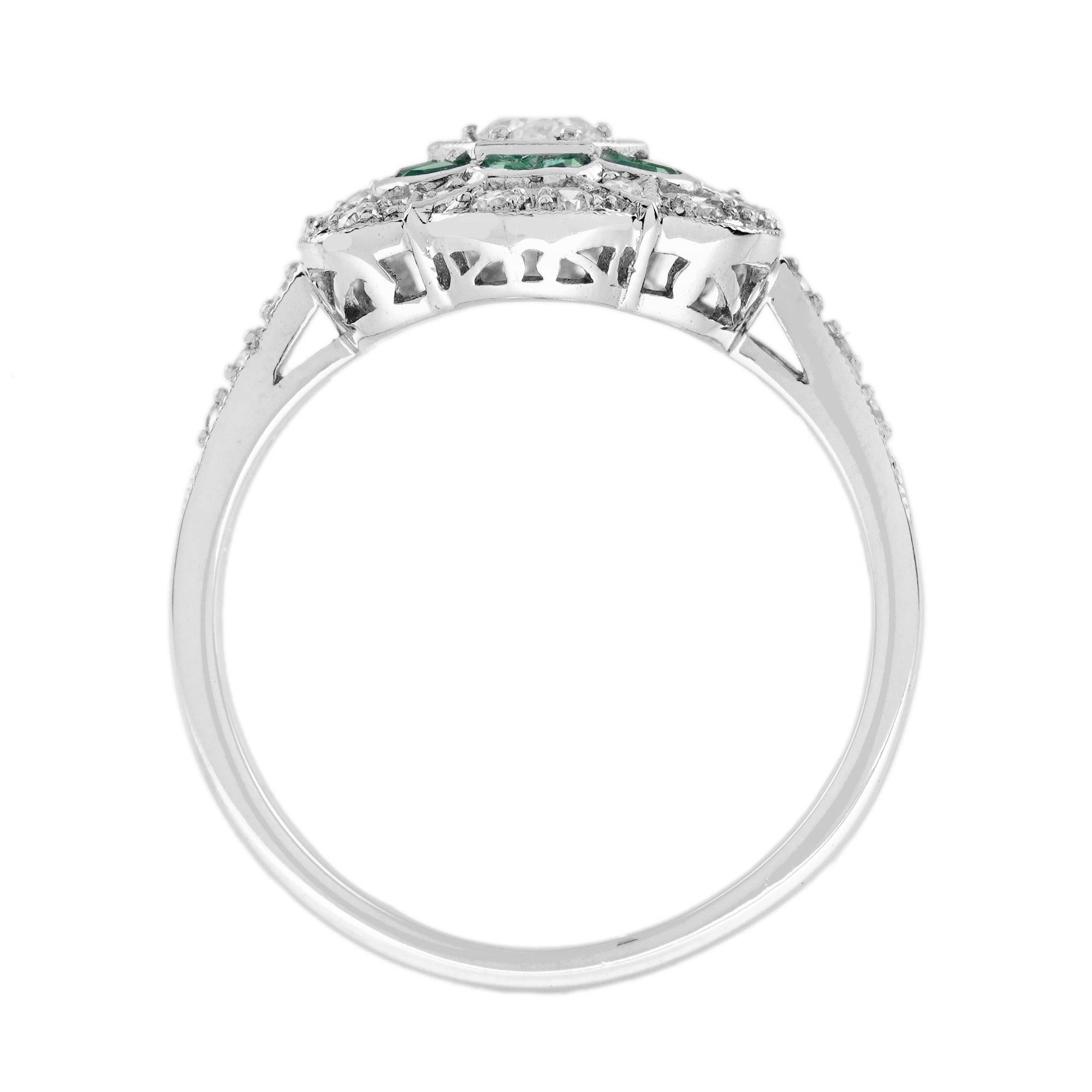 Taglio rotondo Anello di fidanzamento floreale in stile Art Deco con diamante e smeraldo verde in oro bianco 14K in vendita