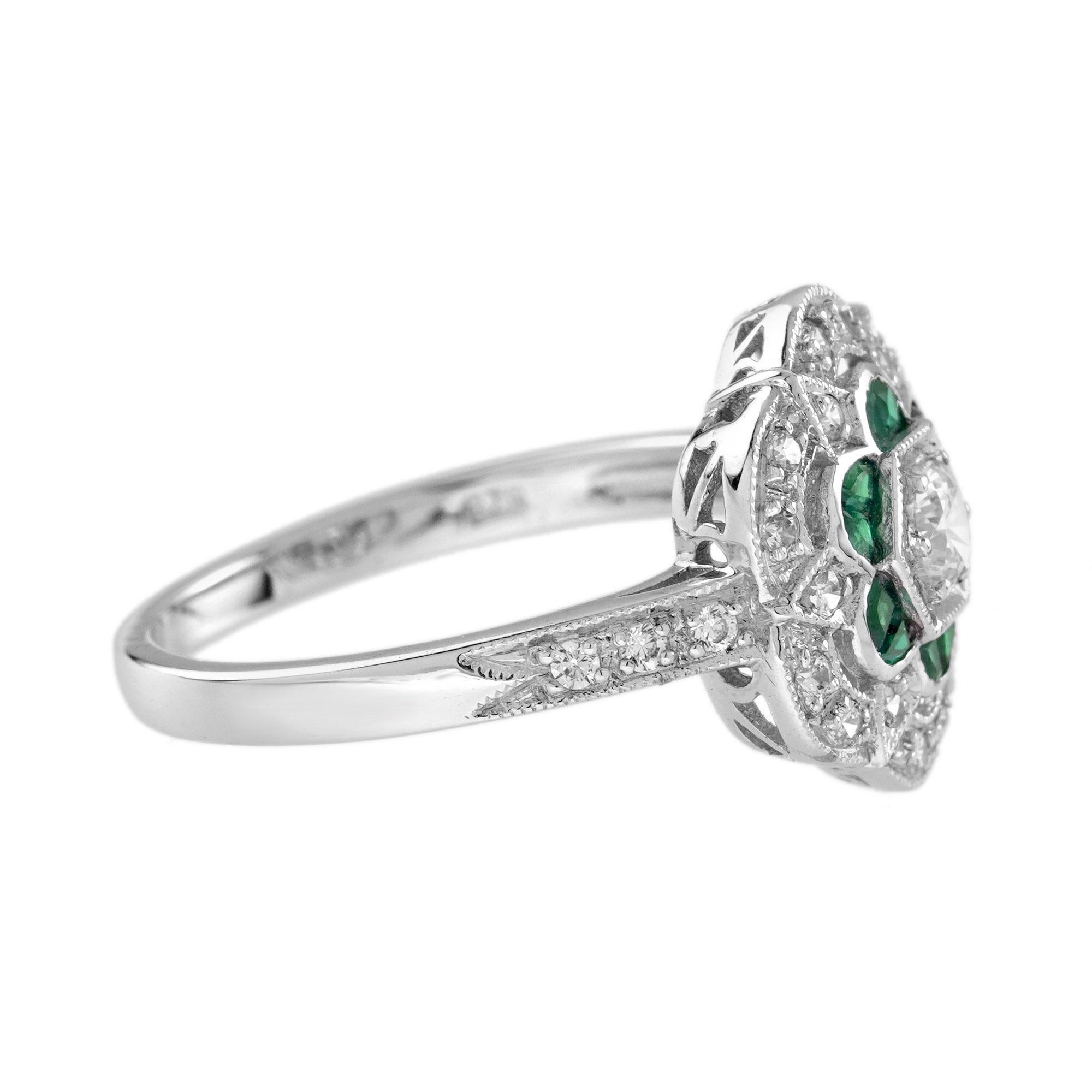 Art Déco Anello di fidanzamento floreale in stile Art Deco con diamante e smeraldo verde in oro bianco 14K in vendita