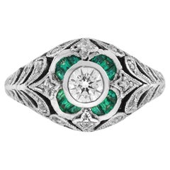 Round Diamond & Emerald Edwardian Style Floral Engraved 14K White Gold Ring
