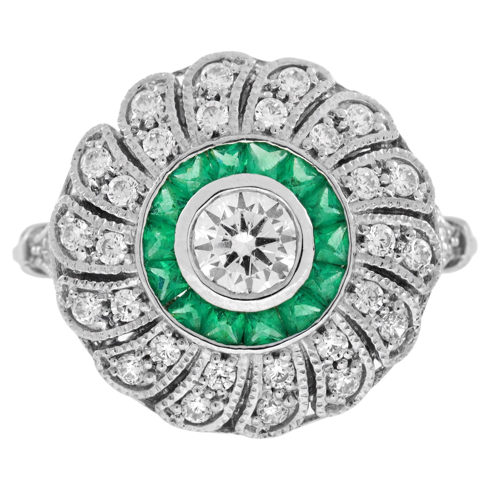 Anello con diamante e smeraldo verde in stile Art Déco con filamenti in oro bianco 18 carati in vendita