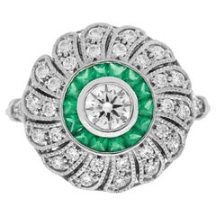 Diamond & Green Emerald Art Deco Style Strand Milgrain 18K White Gold Ring