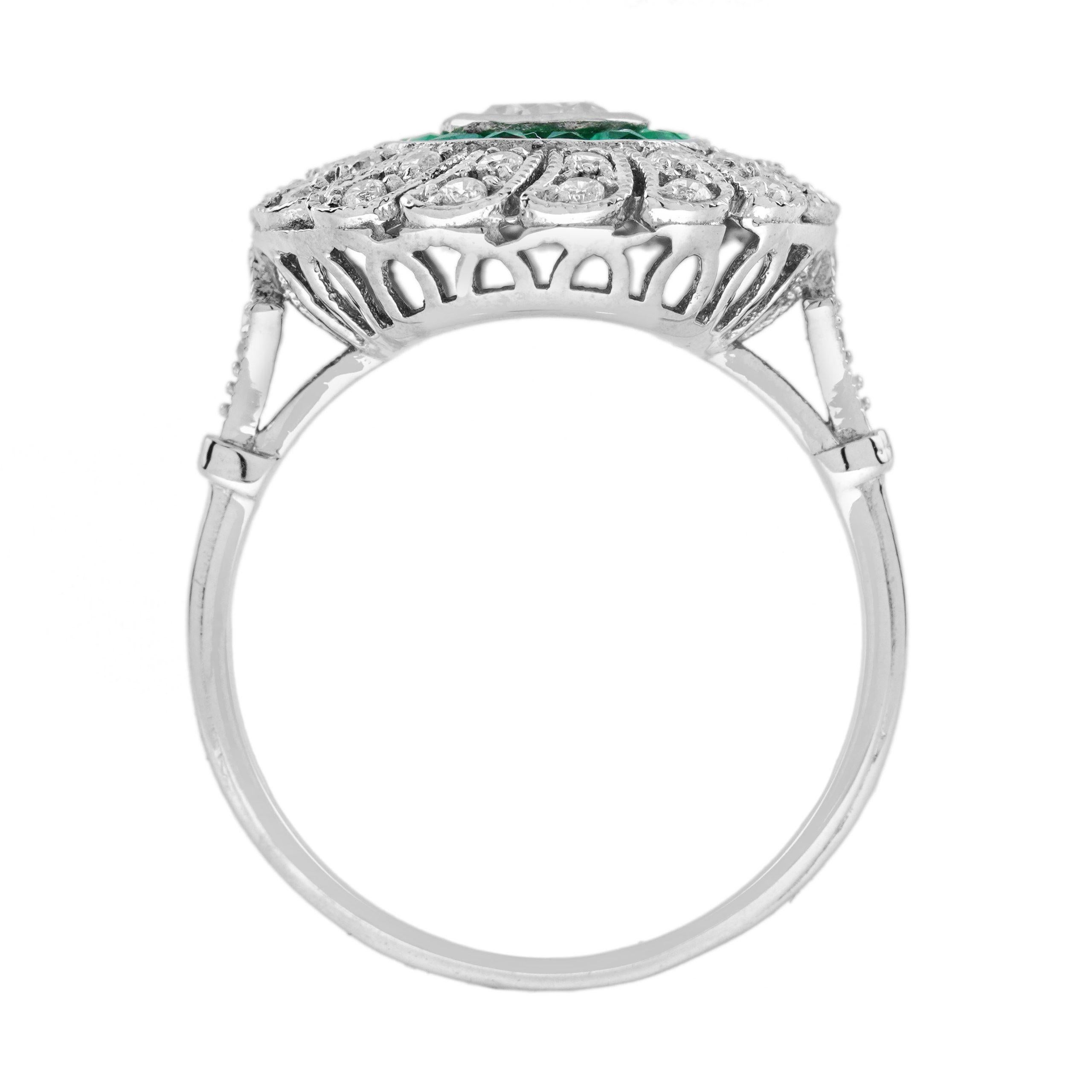 Donna Anello con diamante e smeraldo verde in stile Art Déco con filamenti in oro bianco 18 carati in vendita