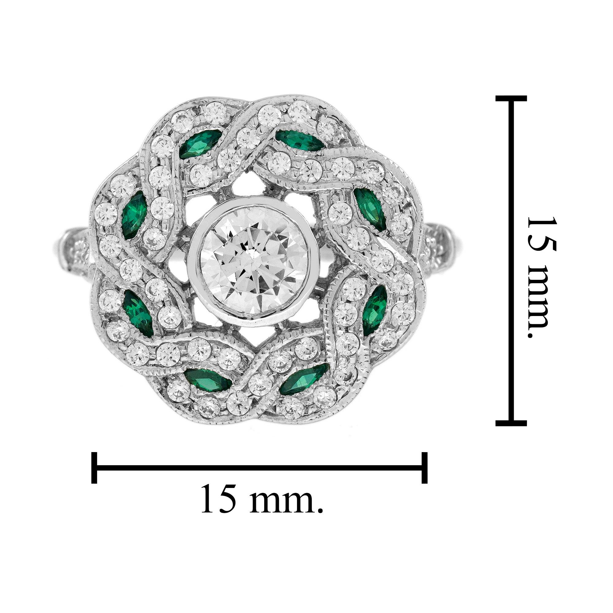 Anello con diamante e smeraldo in stile Art Déco con ricciolo in oro bianco 18 carati in vendita 1