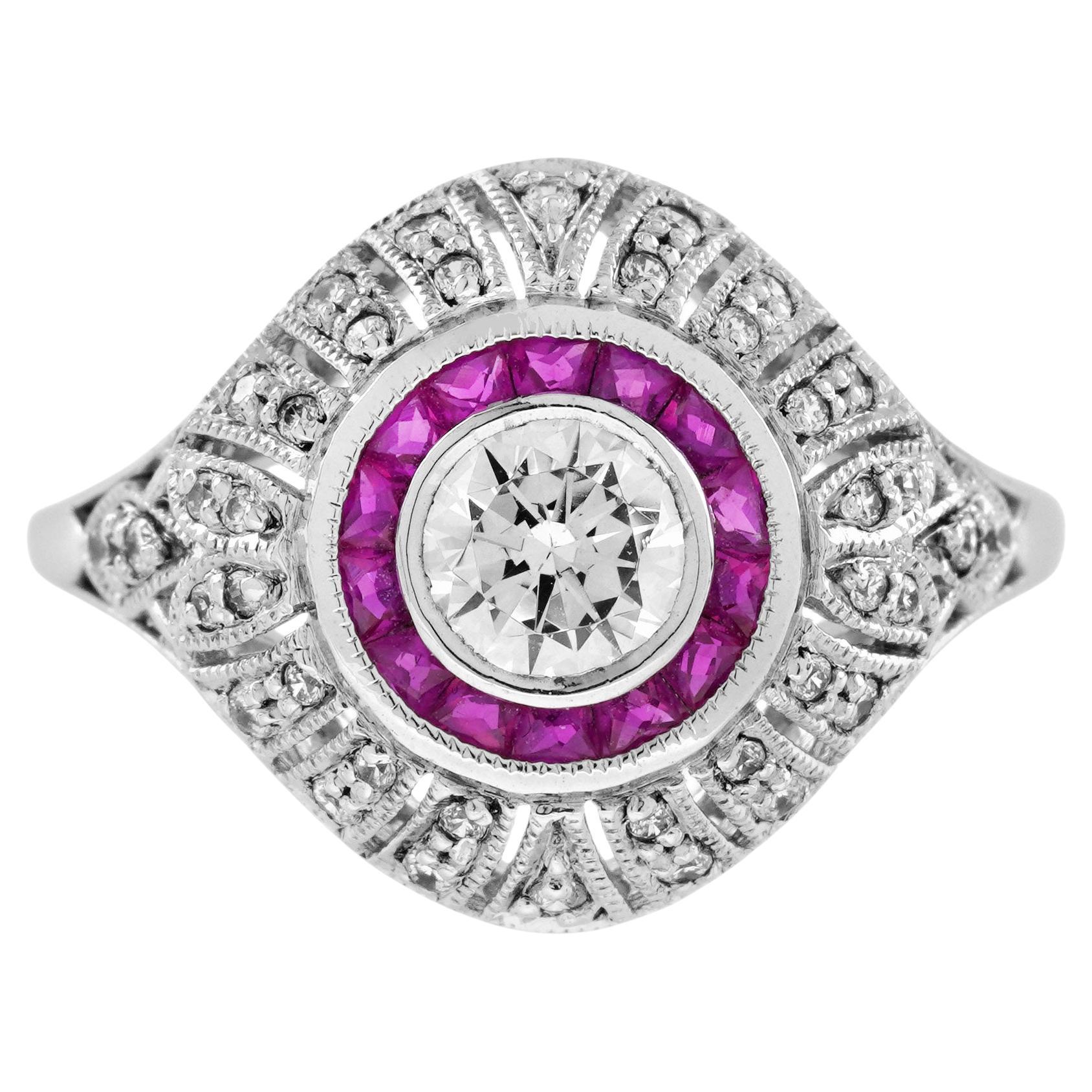 Anello di fidanzamento in stile edoardiano con diamante e rubino rosso in oro bianco 18 carati in vendita