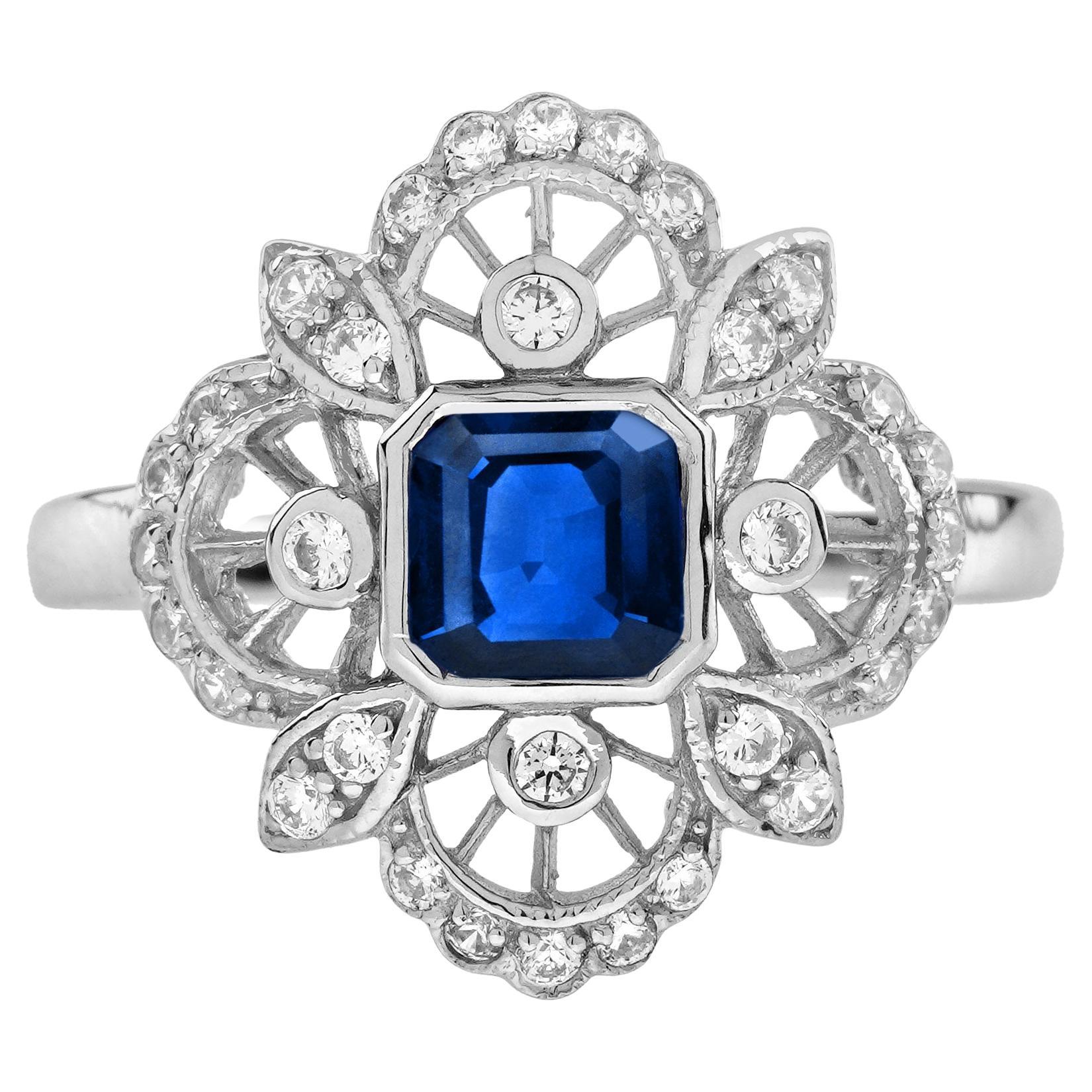 Anello con zaffiro blu Asscher e diamante in stile antico in oro bianco 14 carati in vendita