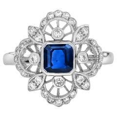Anello con zaffiro blu Asscher e diamante in stile antico in oro bianco 14 carati