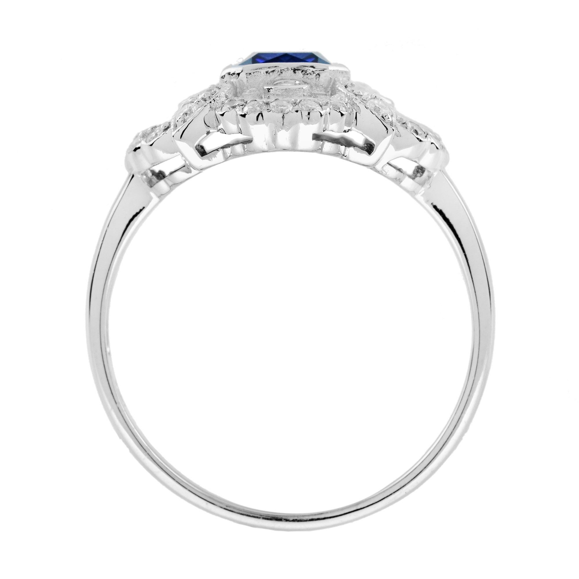 Anello con zaffiro blu Asscher e diamante in stile antico in oro bianco 14 carati In condizioni Nuovo in vendita a Oakton, VA