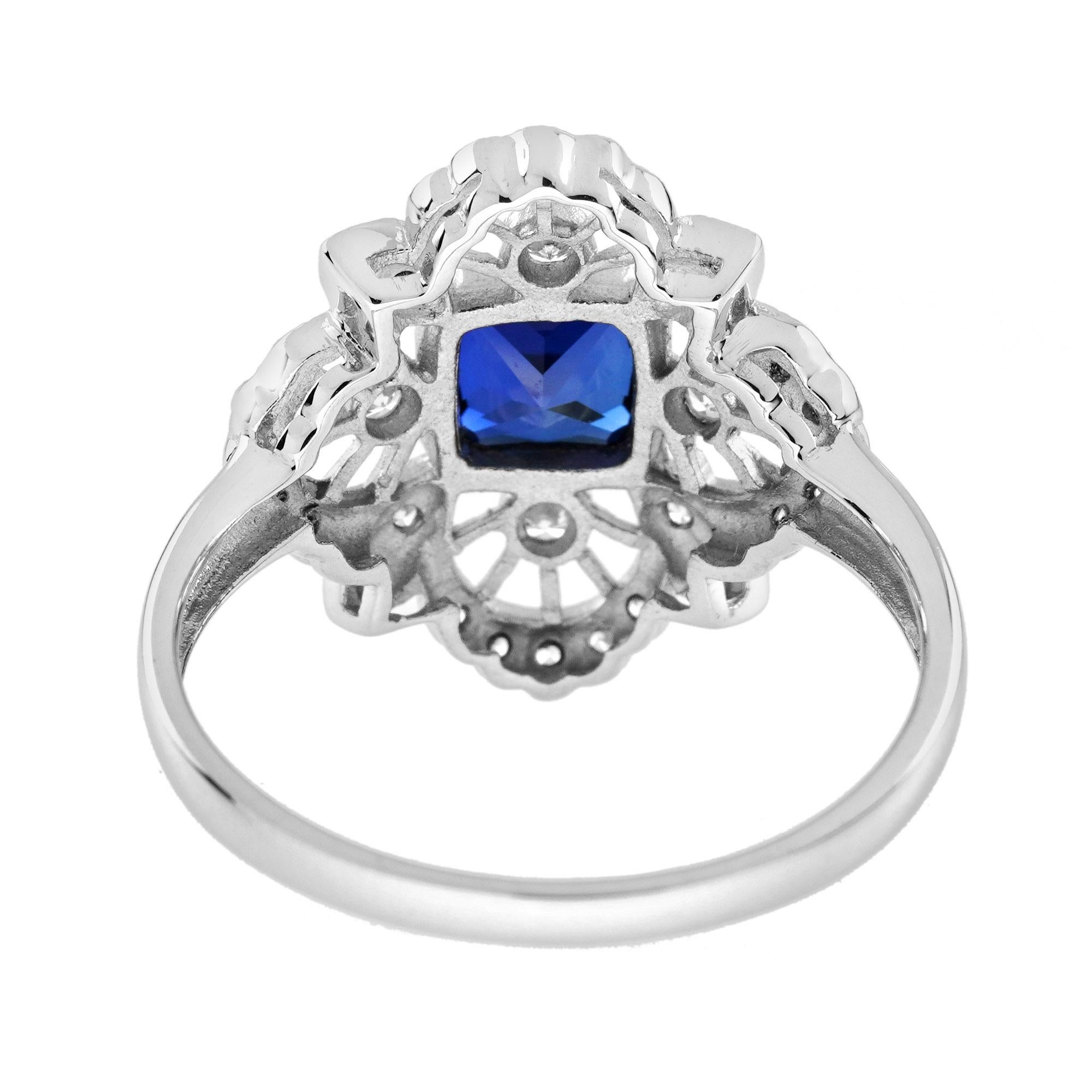 Ottagono Anello con zaffiro blu Asscher e diamante in stile antico in oro bianco 14 carati in vendita