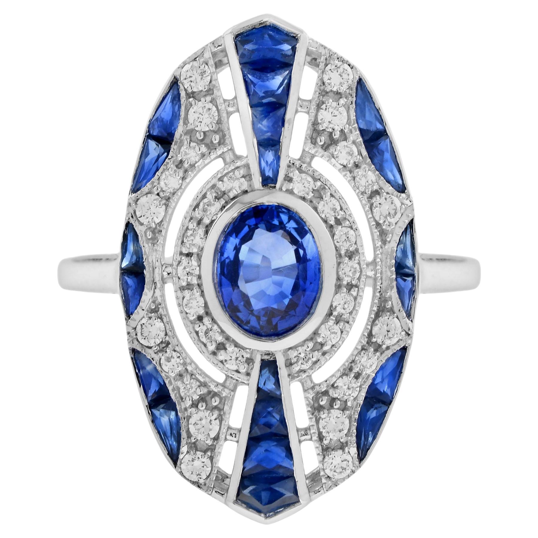 Anello con zaffiro blu e diamante di forma ovale in stile Art Deco in oro bianco 18 carati