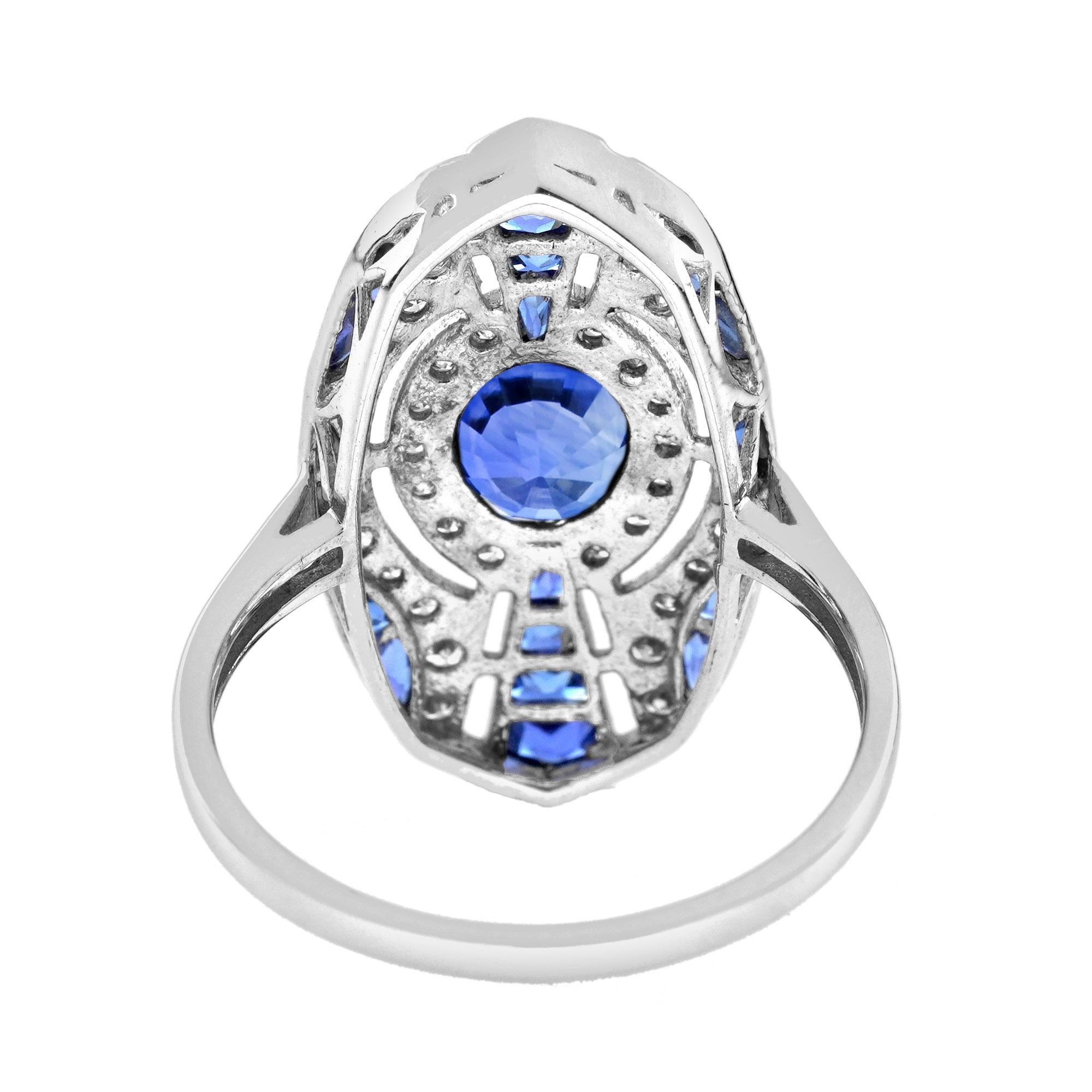 Taglio ovale Anello con zaffiro blu e diamante di forma ovale in stile Art Deco in oro bianco 18 carati in vendita