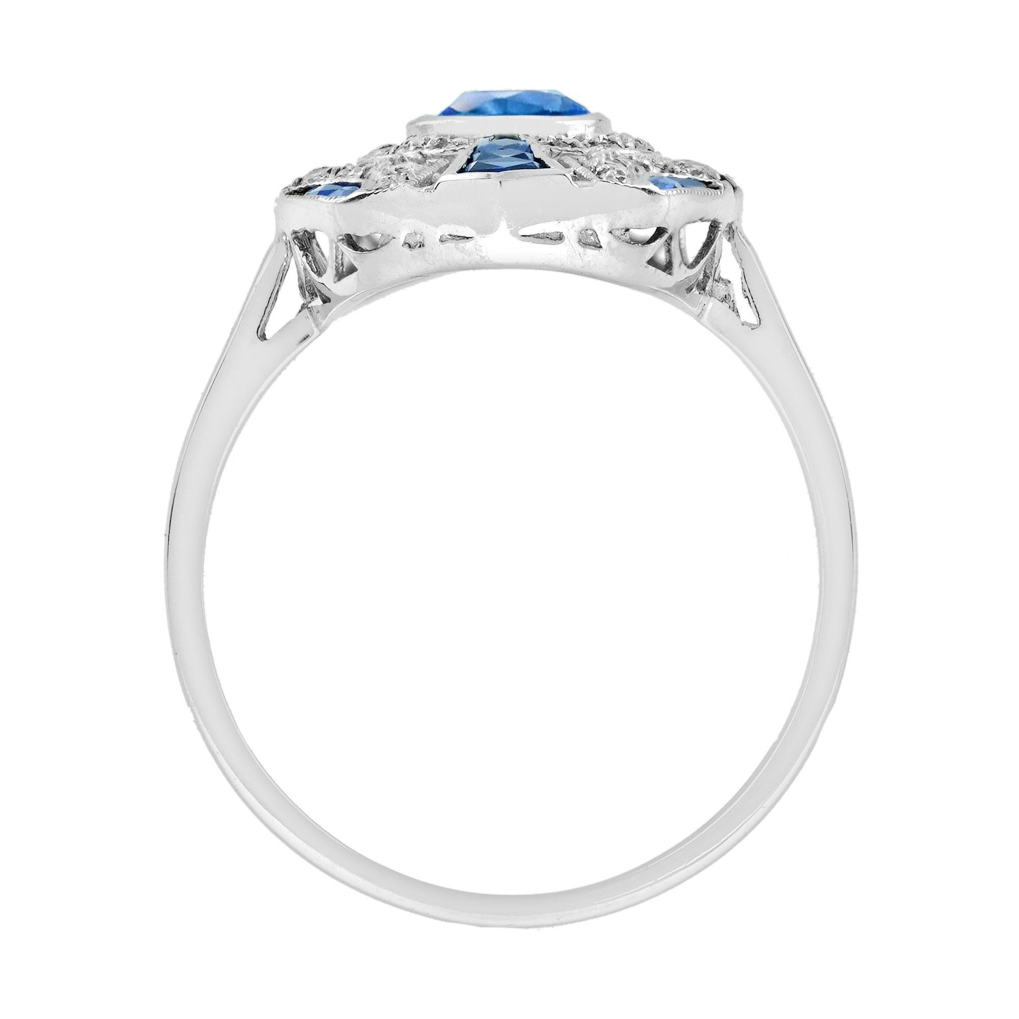 Anello con zaffiro blu e diamante di forma ovale in stile Art Deco in oro bianco 18 carati In condizioni Nuovo in vendita a Oakton, VA