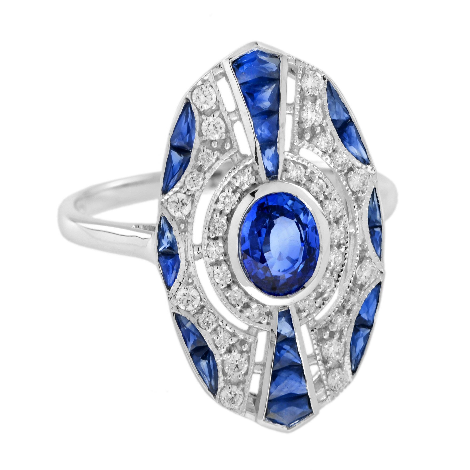 Uno zaffiro blu di Ceylon, del peso di 0,85 carati, brilla e risplende al centro dell'anello da pranzo in stile Art Déco dalla struttura geometrica. La pietra preziosa è circondata da diamanti rotondi e zaffiri taglio francese, con dettagli