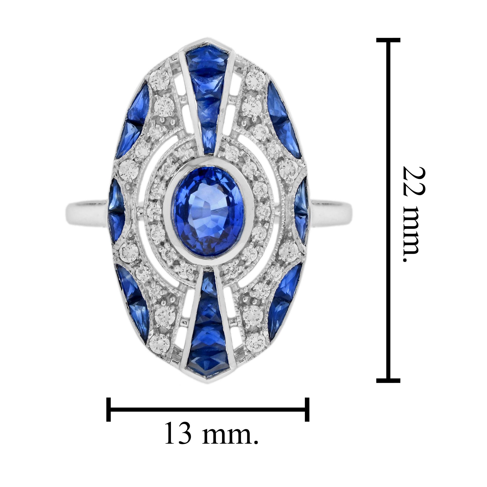 da uomo o donna Anello con zaffiro blu e diamante di forma ovale in stile Art Deco in oro bianco 18 carati in vendita