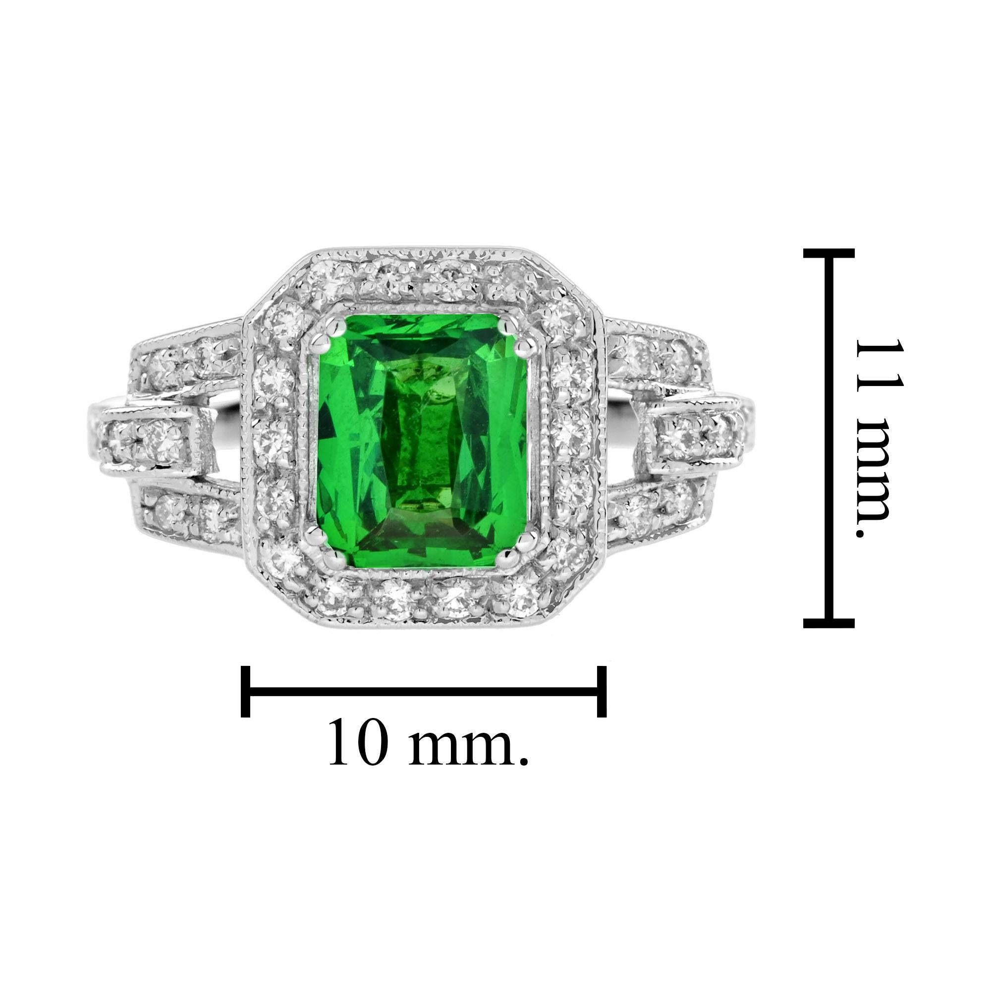 Anello a forma di radiante con tsavorite verde e diamante in stile Art Deco con alone in oro bianco 18 carati In condizioni Nuovo in vendita a Oakton, VA