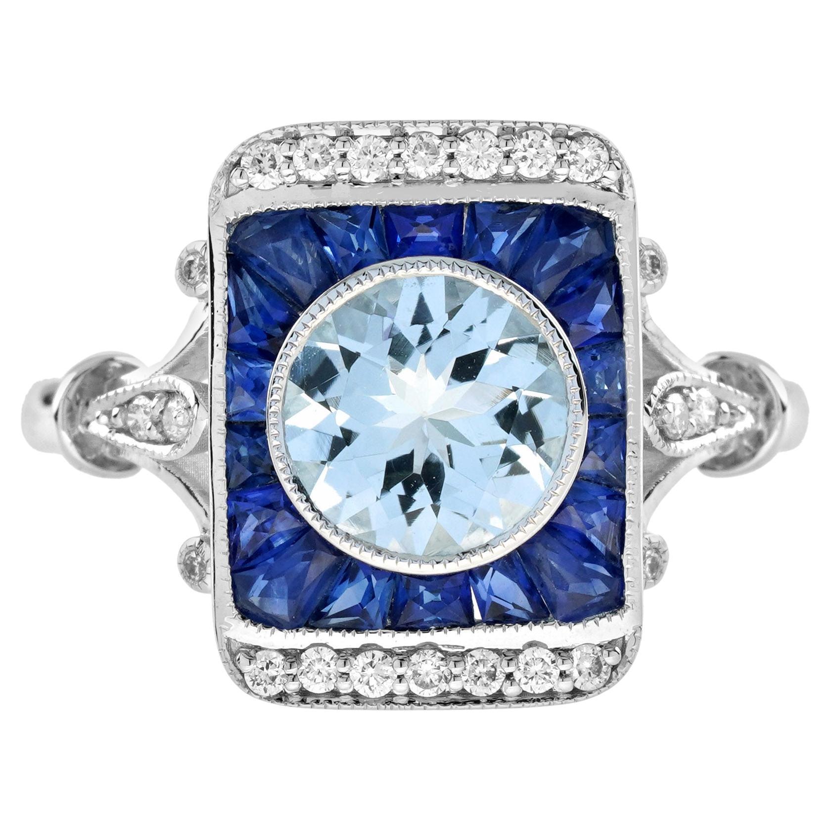 Bague en or blanc de style vintage avec aigue-marine bleue ronde, saphir bleu et diamant en vente