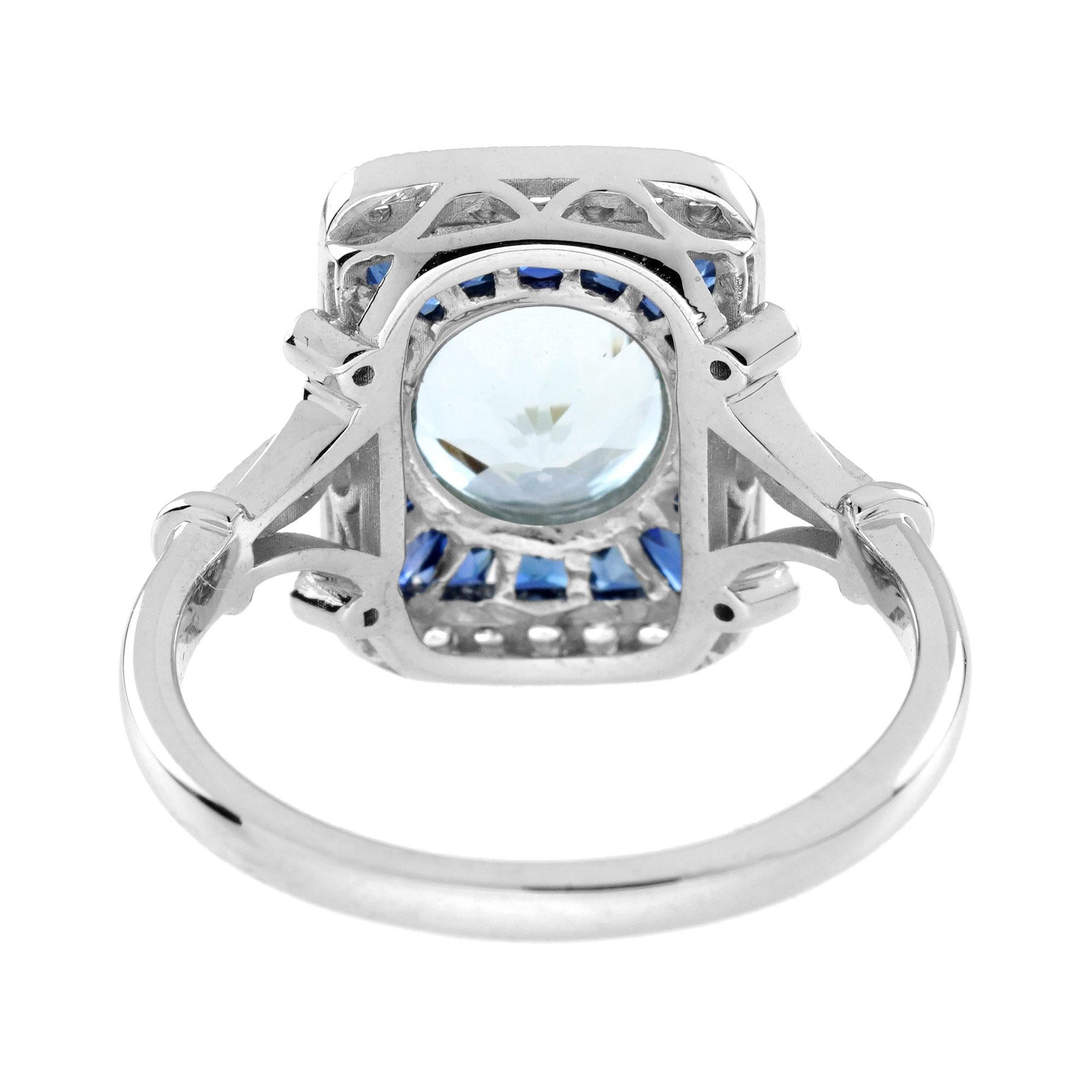 Bague en or blanc de style vintage avec aigue-marine bleue ronde, saphir bleu et diamant Neuf - En vente à Oakton, VA