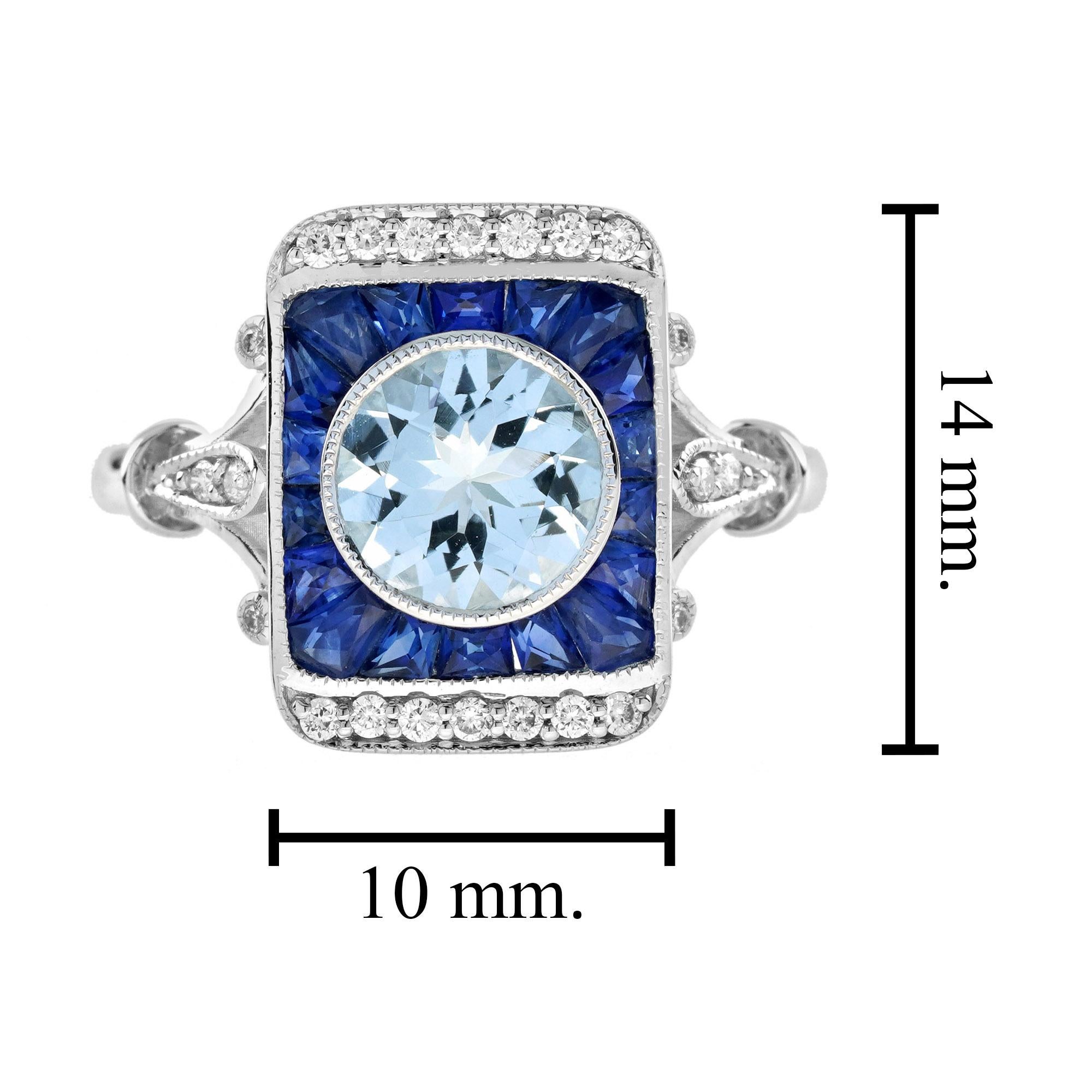Bague en or blanc de style vintage avec aigue-marine bleue ronde, saphir bleu et diamant Unisexe en vente