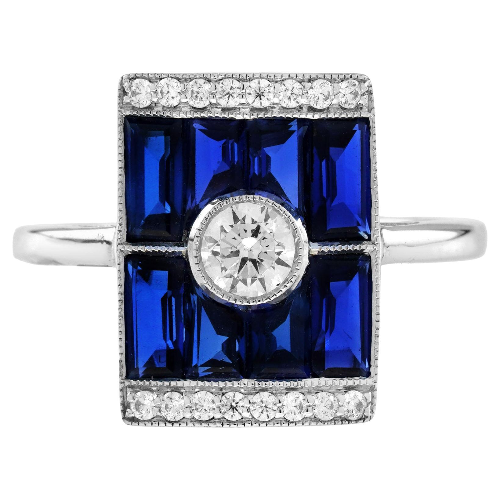 Bague en or blanc 14K avec diamant et saphir bleu baguette de style art déco et de forme rectangulaire