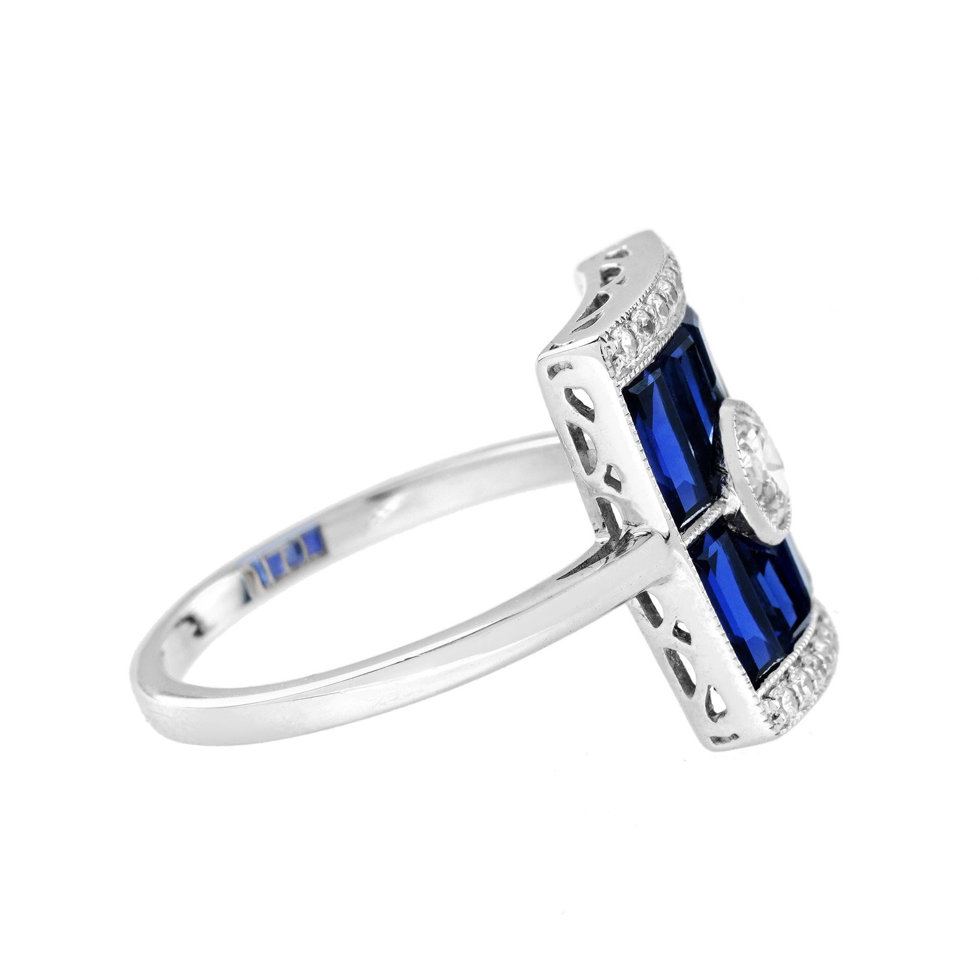 Taille ronde Bague en or blanc 14K avec diamant et saphir bleu baguette de style art déco et de forme rectangulaire en vente