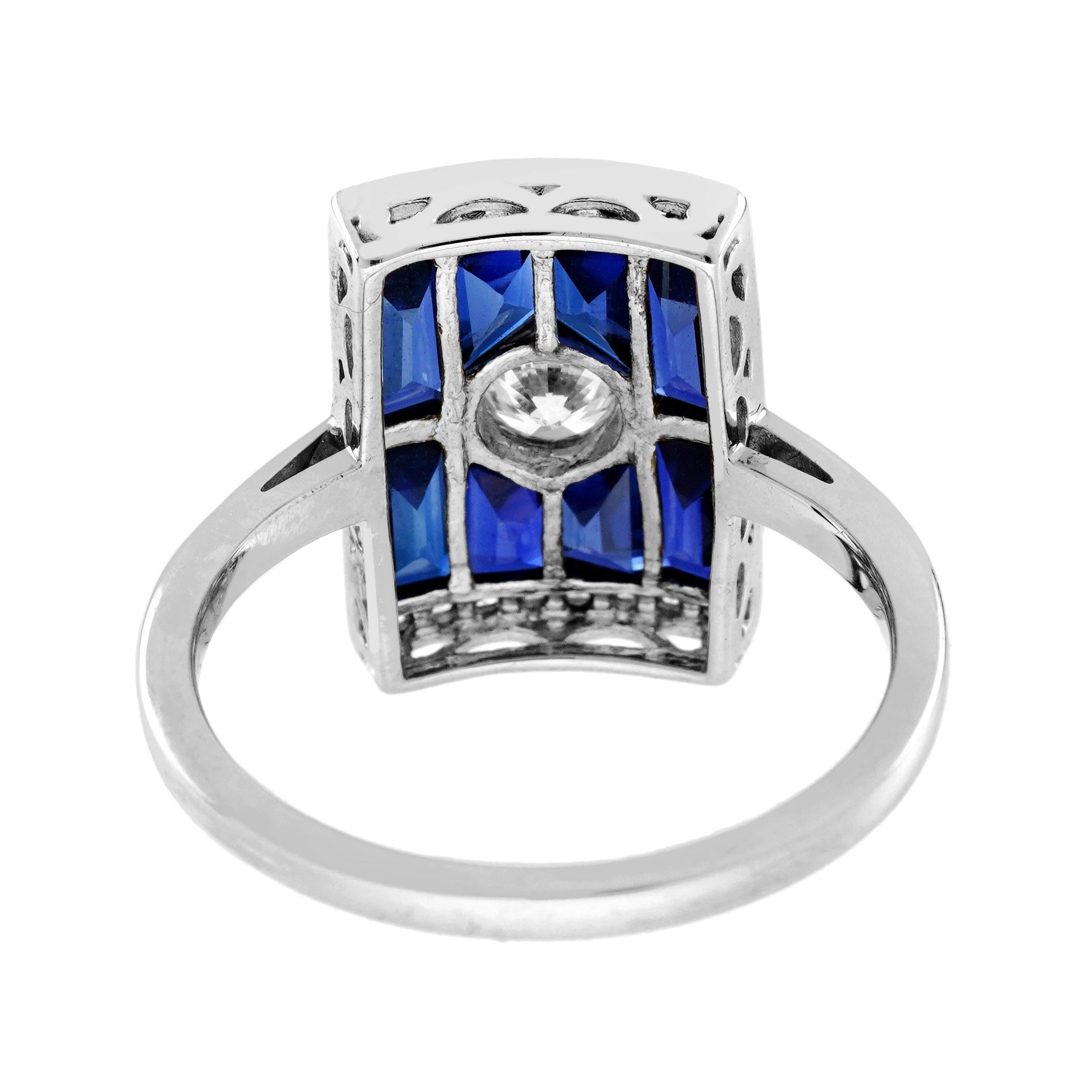 Art déco Bague en or blanc 14K avec diamant et saphir bleu baguette de style art déco et de forme rectangulaire en vente