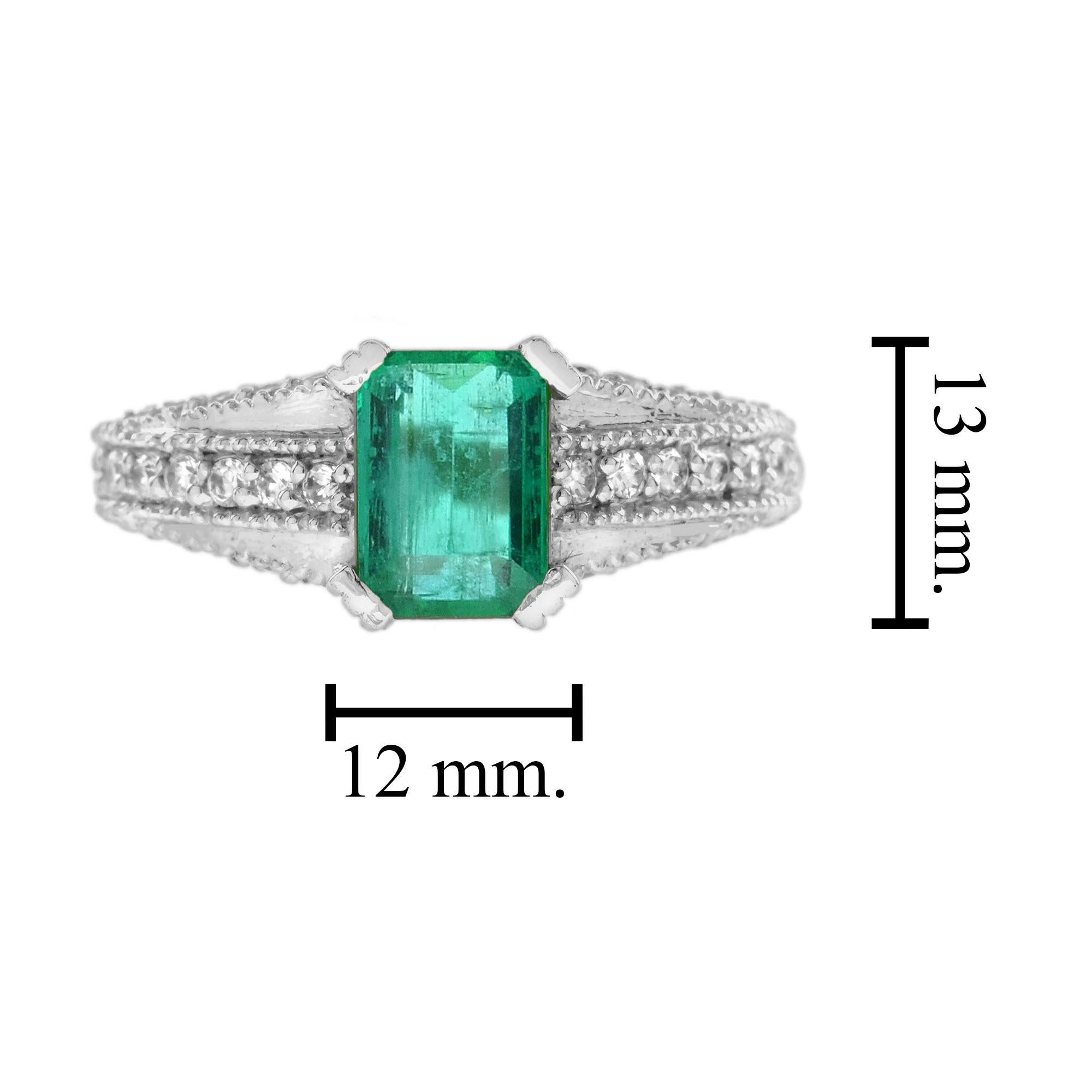 Smaragd & Diamant Art Deco Stil Solitär Vintage Inspiriert 14K Weißgold Ring Damen im Angebot