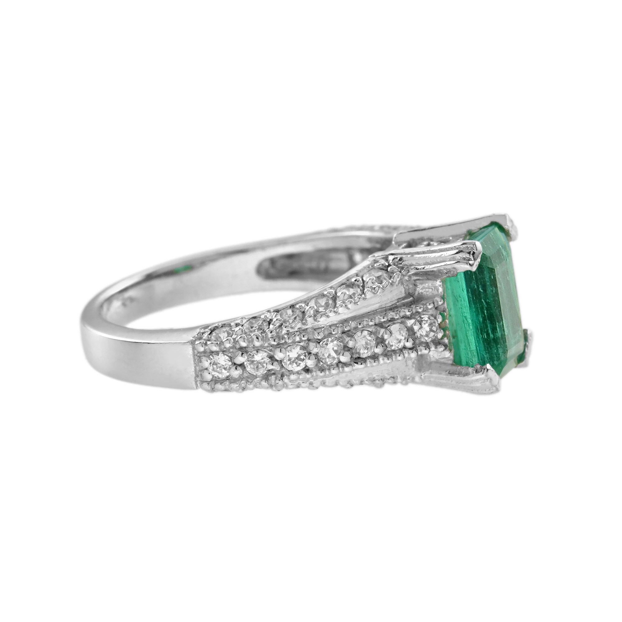 Smaragd & Diamant Art Deco Stil Solitär Vintage Inspiriert 14K Weißgold Ring (Art déco) im Angebot