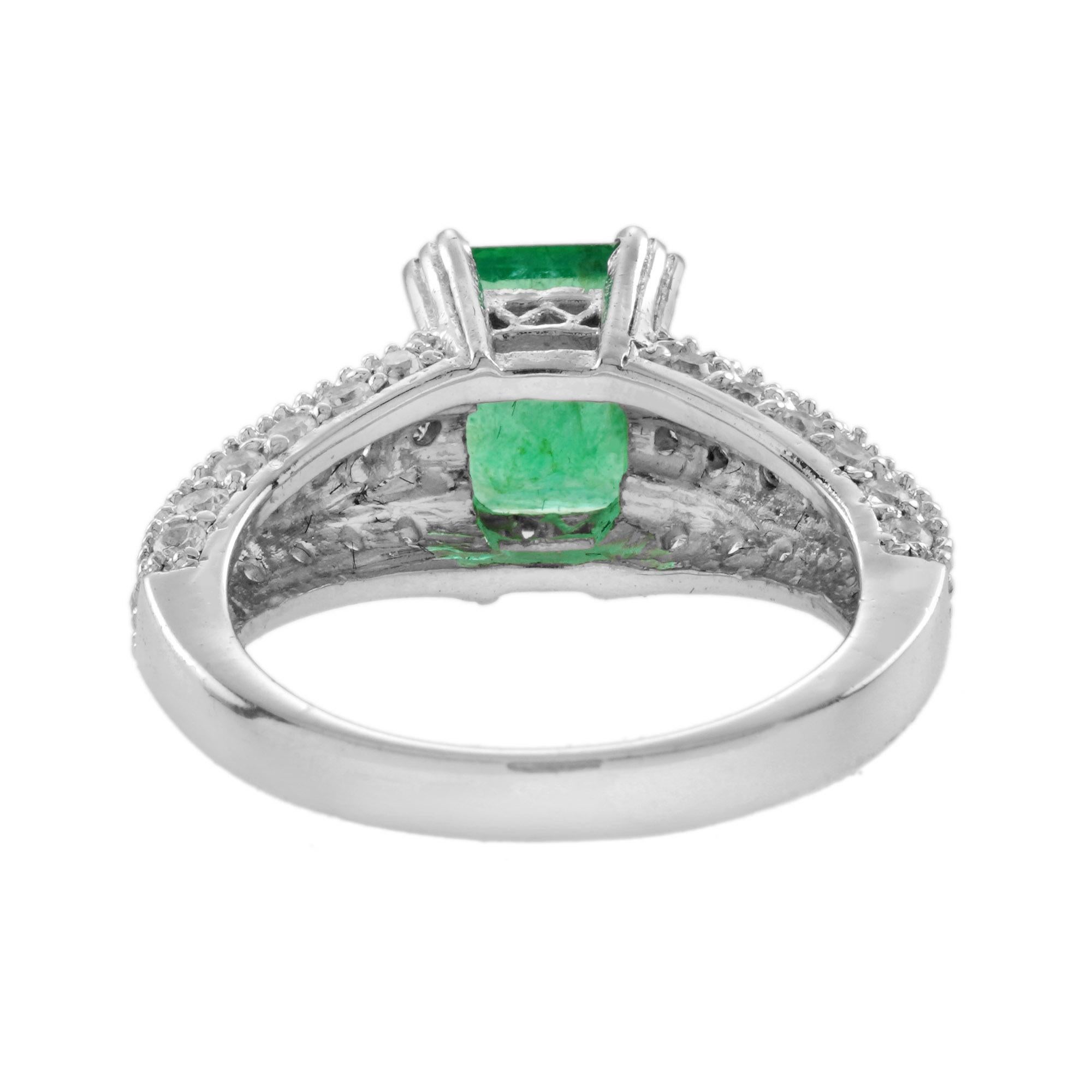 Smaragd & Diamant Art Deco Stil Solitär Vintage Inspiriert 14K Weißgold Ring (Smaragdschliff) im Angebot