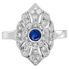 Bague de fiançailles en or blanc 14K avec saphir bleu rond et diamant de style ancien