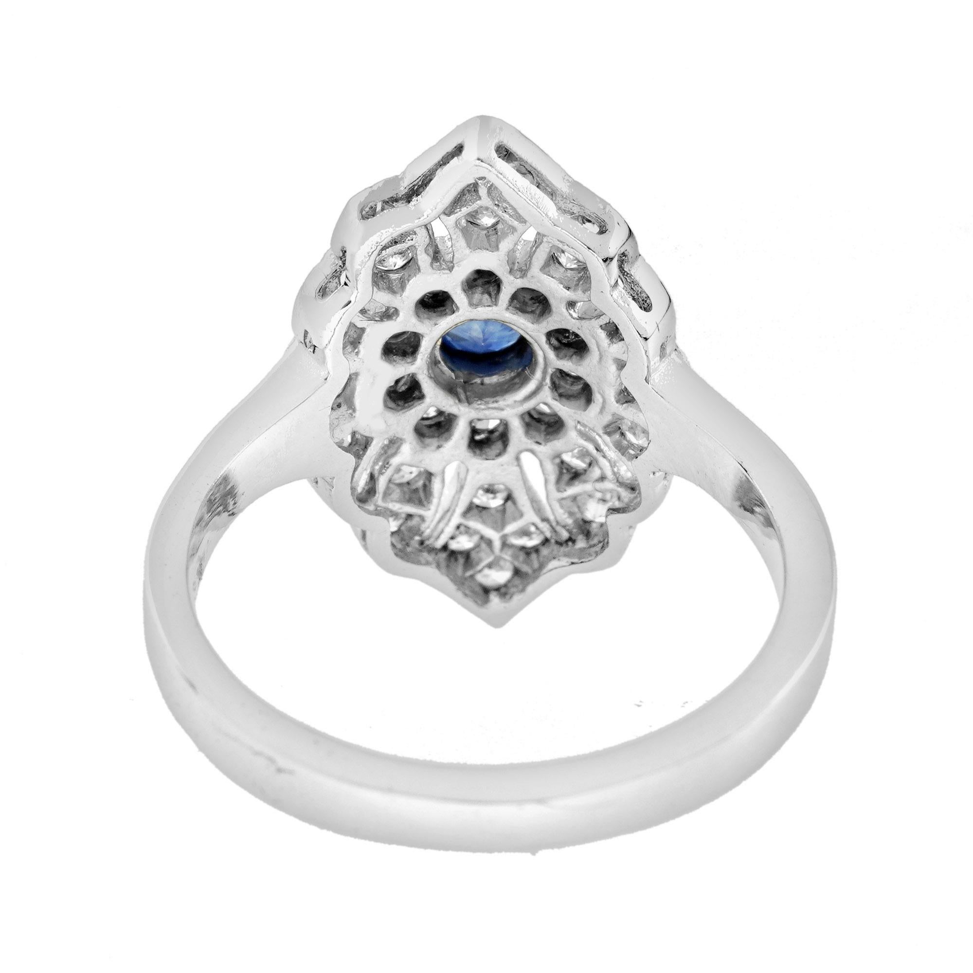 Bague de fiançailles en or blanc 14K avec saphir bleu rond et diamant de style ancien Neuf - En vente à Oakton, VA