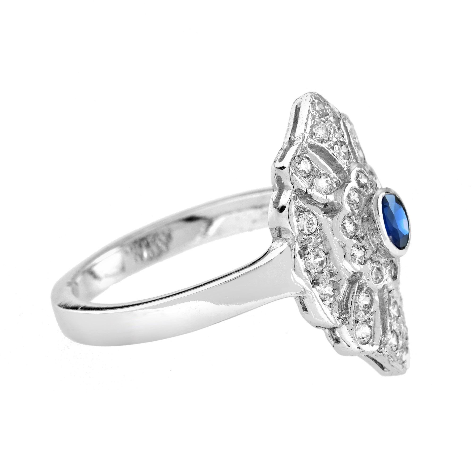 Art déco Bague de fiançailles en or blanc 14K avec saphir bleu rond et diamant de style ancien en vente