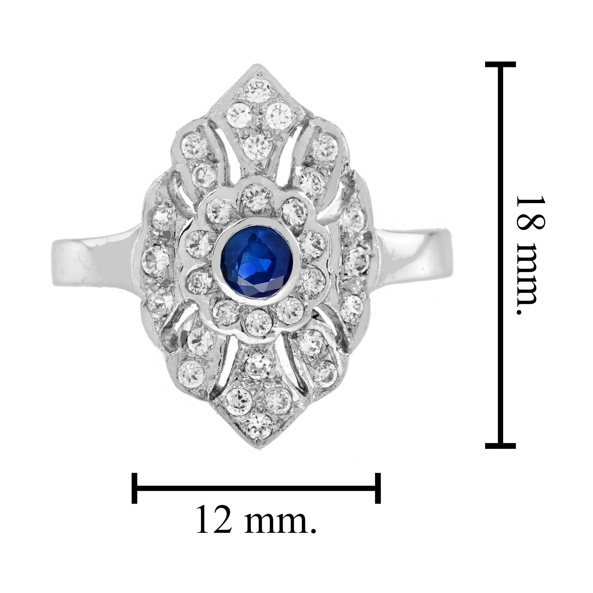 Bague de fiançailles en or blanc 14K avec saphir bleu rond et diamant de style ancien Unisexe en vente