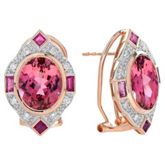 Orecchini in oro rosa di ispirazione vintage con tormalina rosa e diamante di forma ovale e rubino