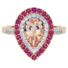 Peach Orange Morganite & Diamond Ruby Pear Shaped Halo Set 14K Rose Gold Ring