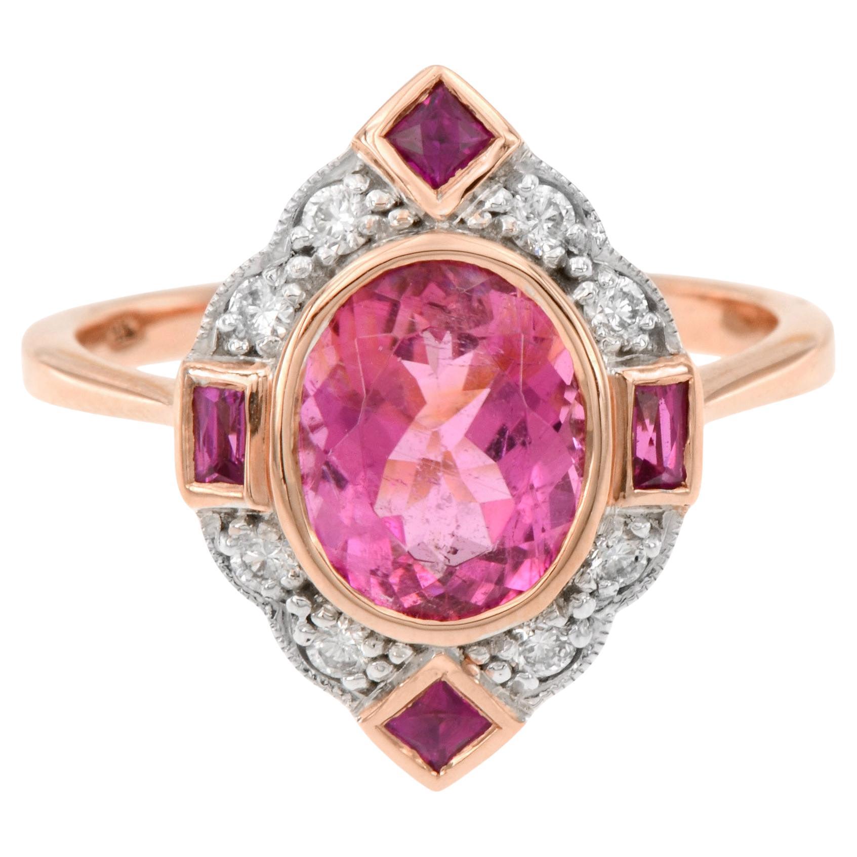 Anello ovale con tormalina rosa e rubino e diamante d'ispirazione vintage in oro bianco rosa 14 carati